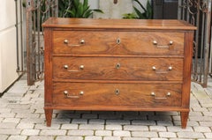 French Directoire Style 1840s Walnut Bookmarked Veneer Three-Drawer Commode