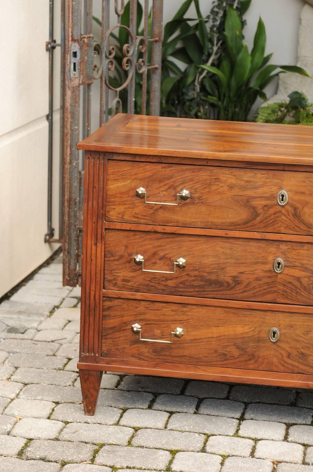 19th Century French Directoire Style 1840s Walnut Bookmarked Veneer Three-Drawer Commode