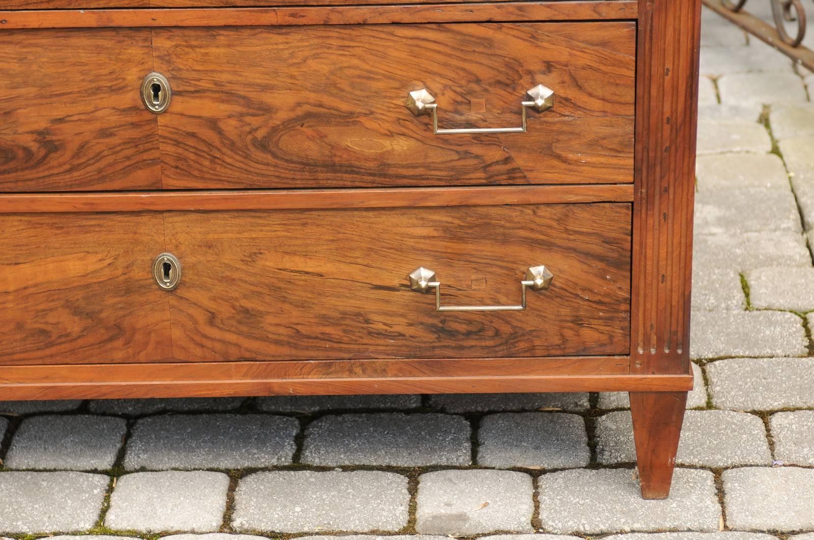 French Directoire Style 1840s Walnut Bookmarked Veneer Three-Drawer Commode 1