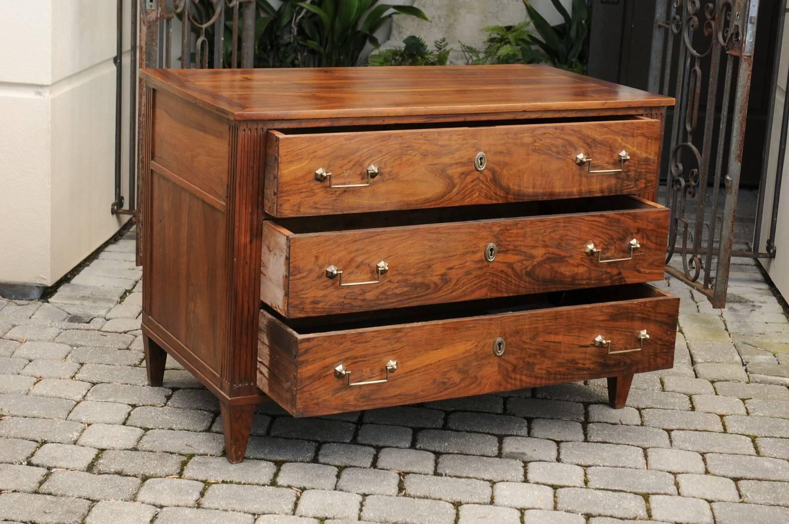 French Directoire Style 1840s Walnut Bookmarked Veneer Three-Drawer Commode 2