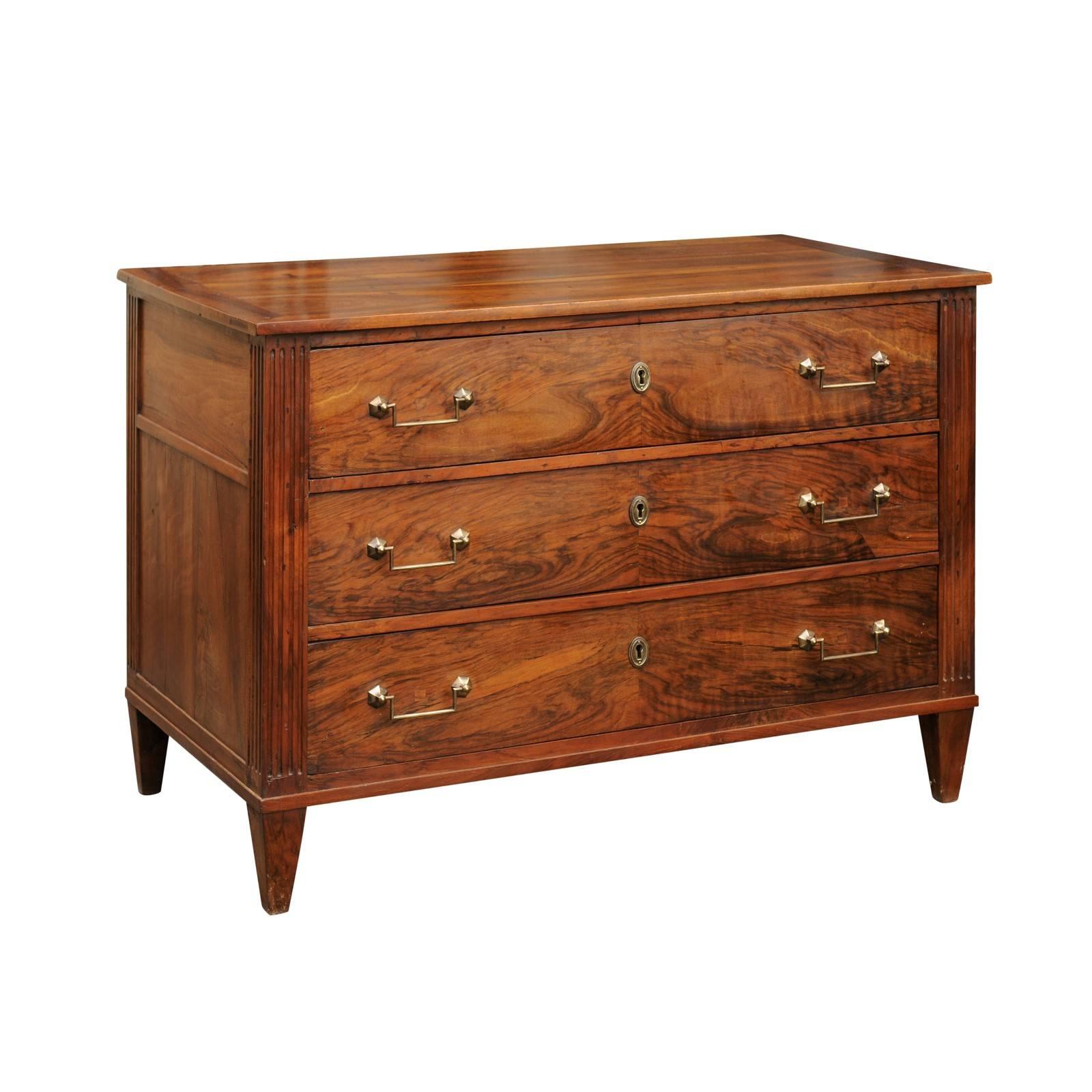 French Directoire Style 1840s Walnut Bookmarked Veneer Three-Drawer Commode