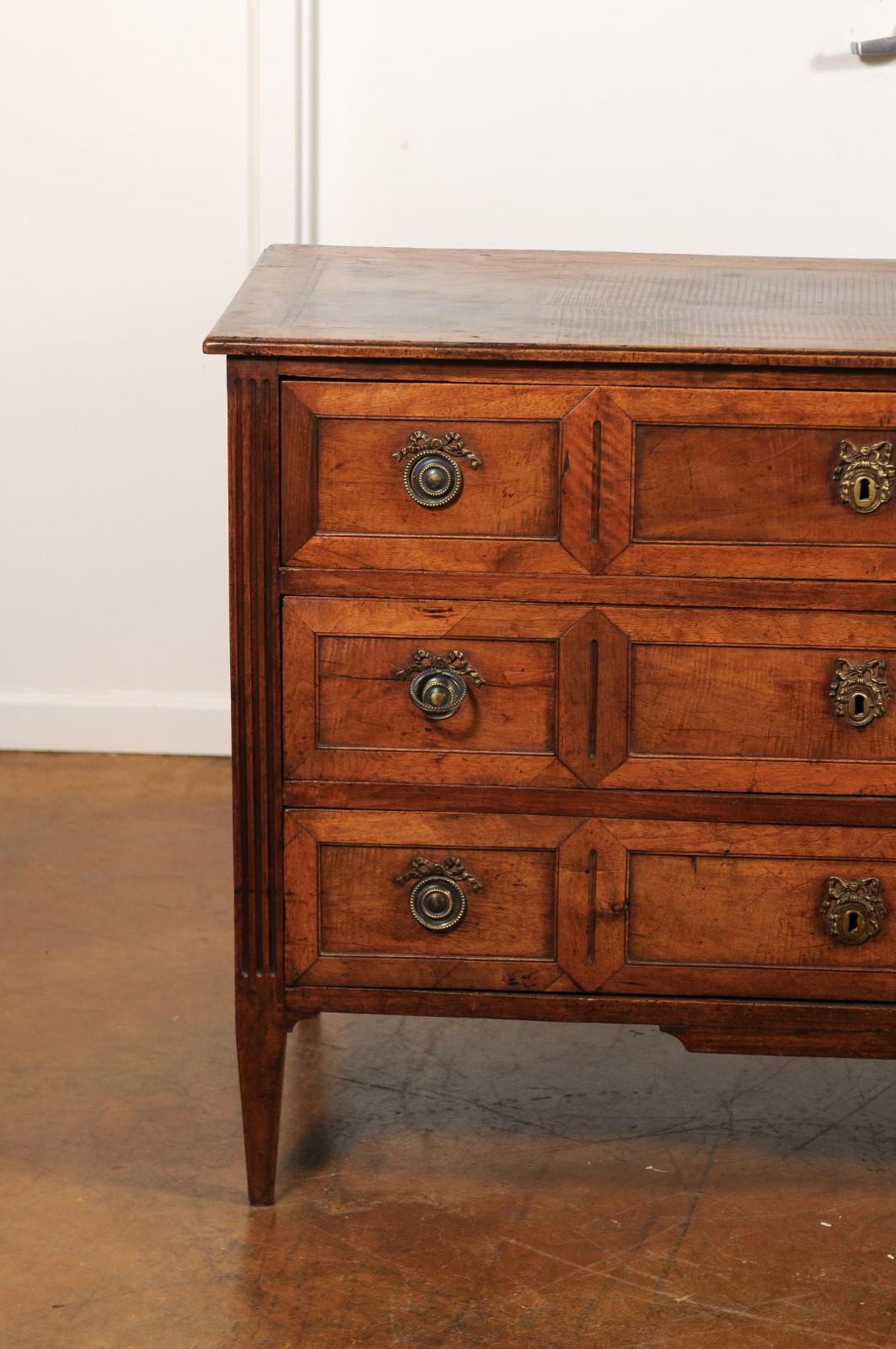 19th Century French Directoire Style 1860s Walnut Veneered Commode with Inlay and Fluting