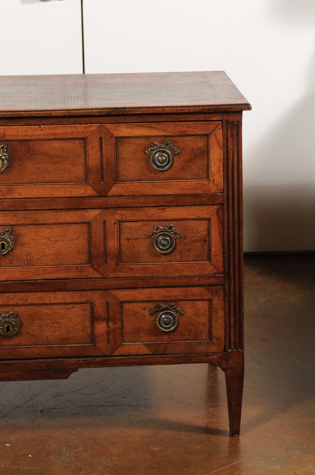 French Directoire Style 1860s Walnut Veneered Commode with Inlay and Fluting 1