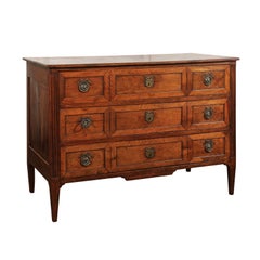 French Directoire Style 1860s Walnut Veneered Commode with Inlay and Fluting