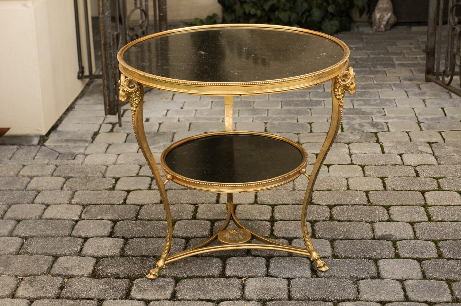 French Directoire Style 1920s Gilt Bronze Guéridon with Marble Top and Ram Heads 7