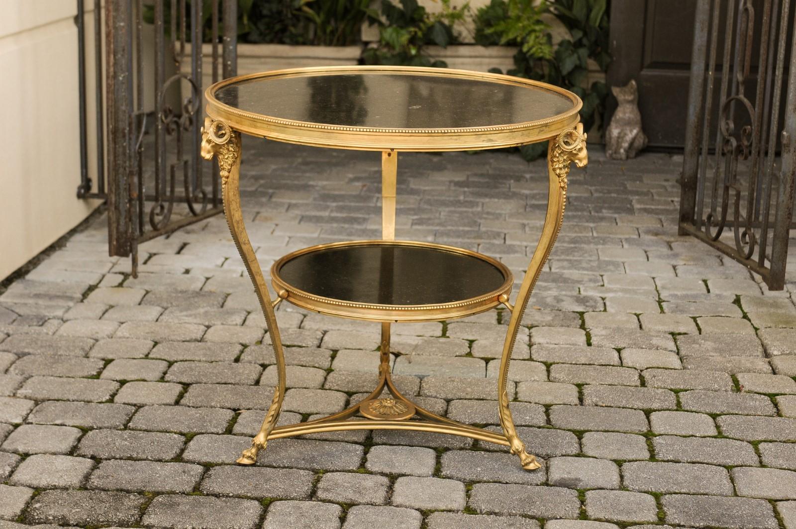 French Directoire Style 1920s Gilt Bronze Guéridon with Marble Top and Ram Heads 8