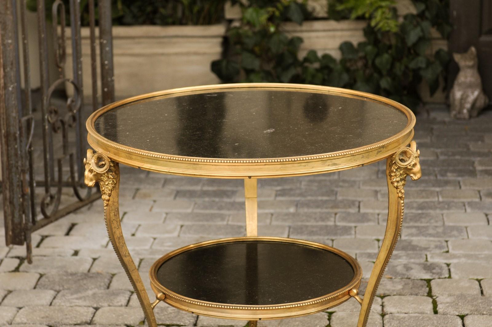 French Directoire Style 1920s Gilt Bronze Guéridon with Marble Top and Ram Heads 10