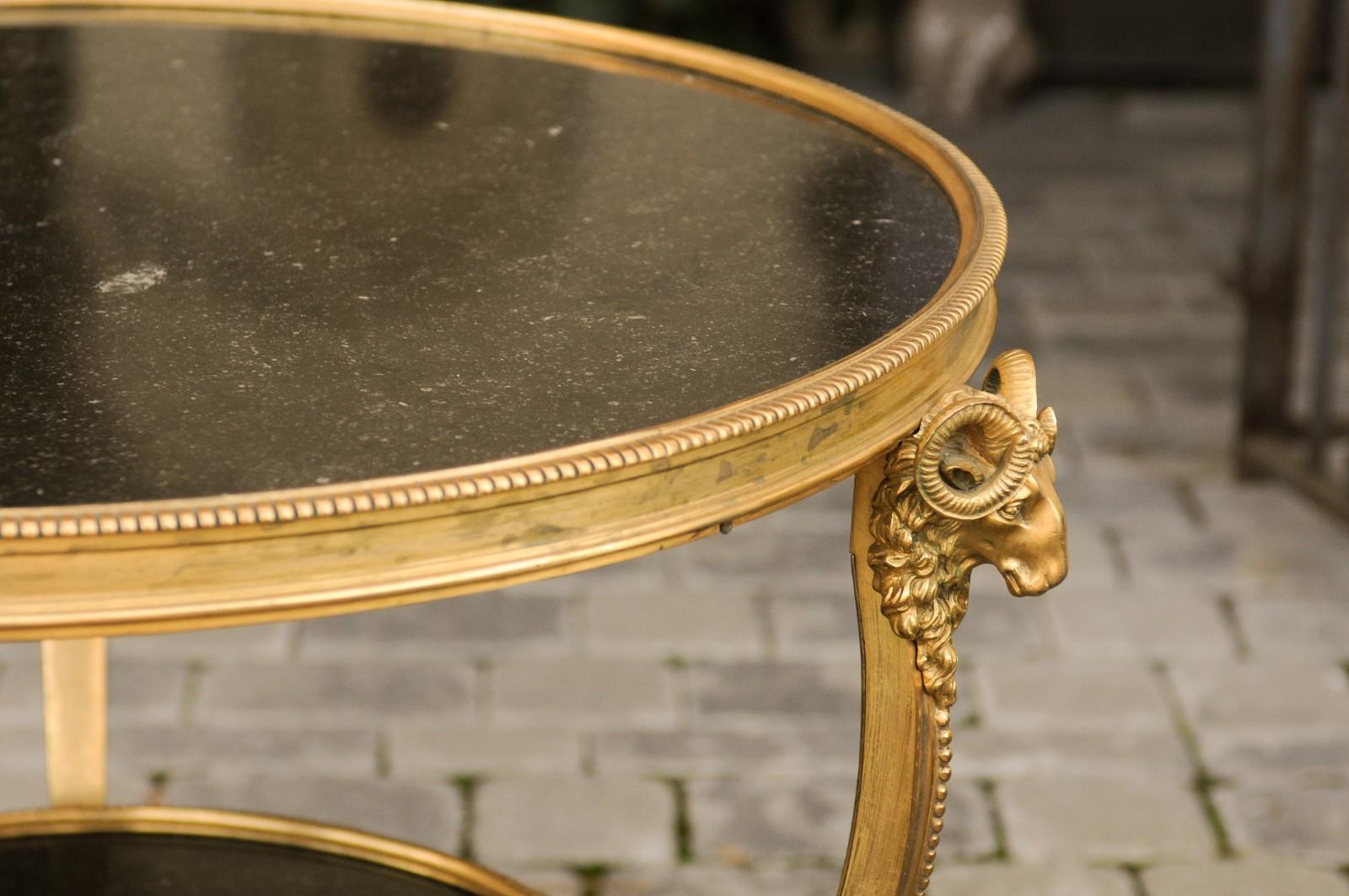 French Directoire Style 1920s Gilt Bronze Guéridon with Marble Top and Ram Heads In Good Condition In Atlanta, GA