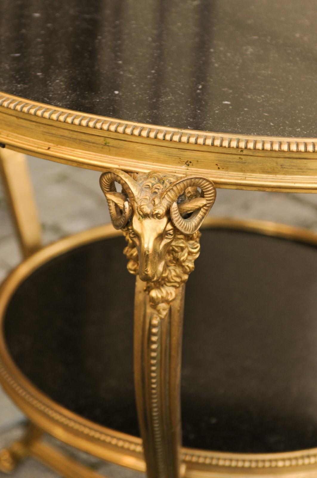 French Directoire Style 1920s Gilt Bronze Guéridon with Marble Top and Ram Heads 1