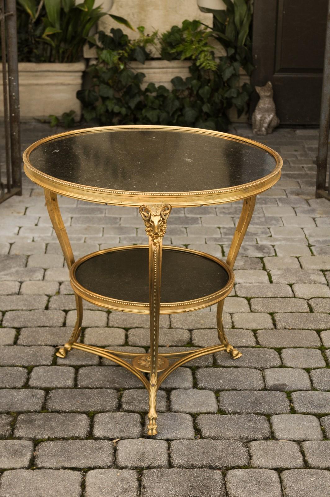 French Directoire Style 1920s Gilt Bronze Guéridon with Marble Top and Ram Heads 2