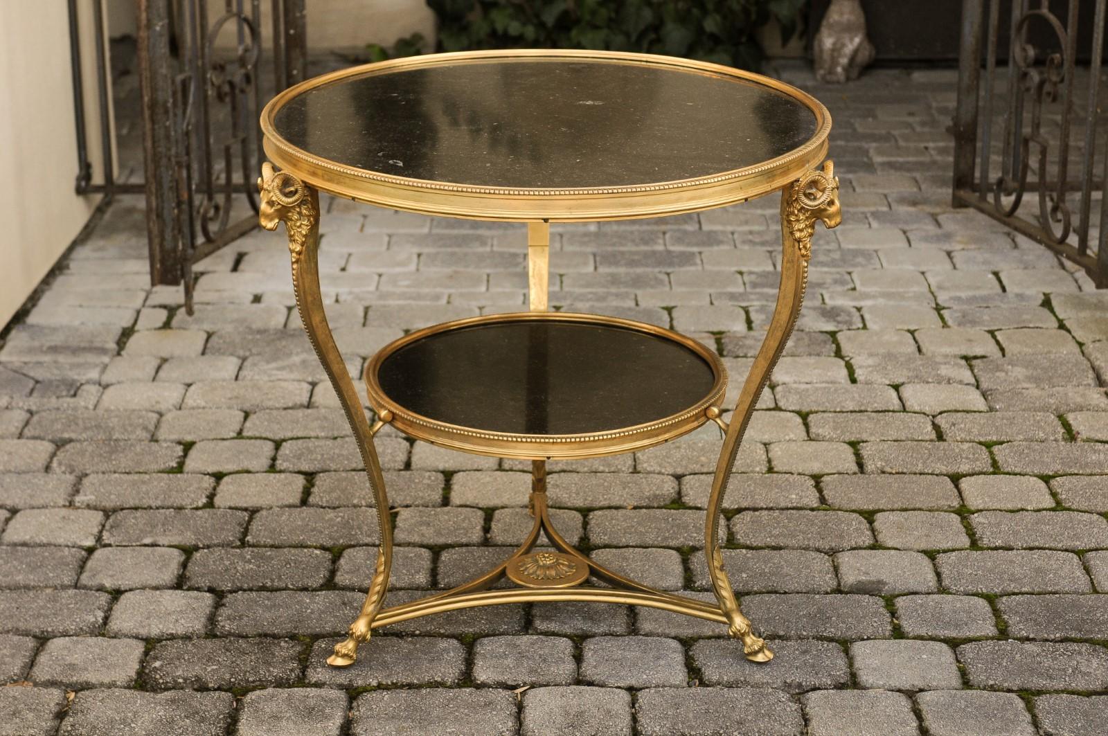 French Directoire Style 1920s Gilt Bronze Guéridon with Marble Top and Ram Heads 5