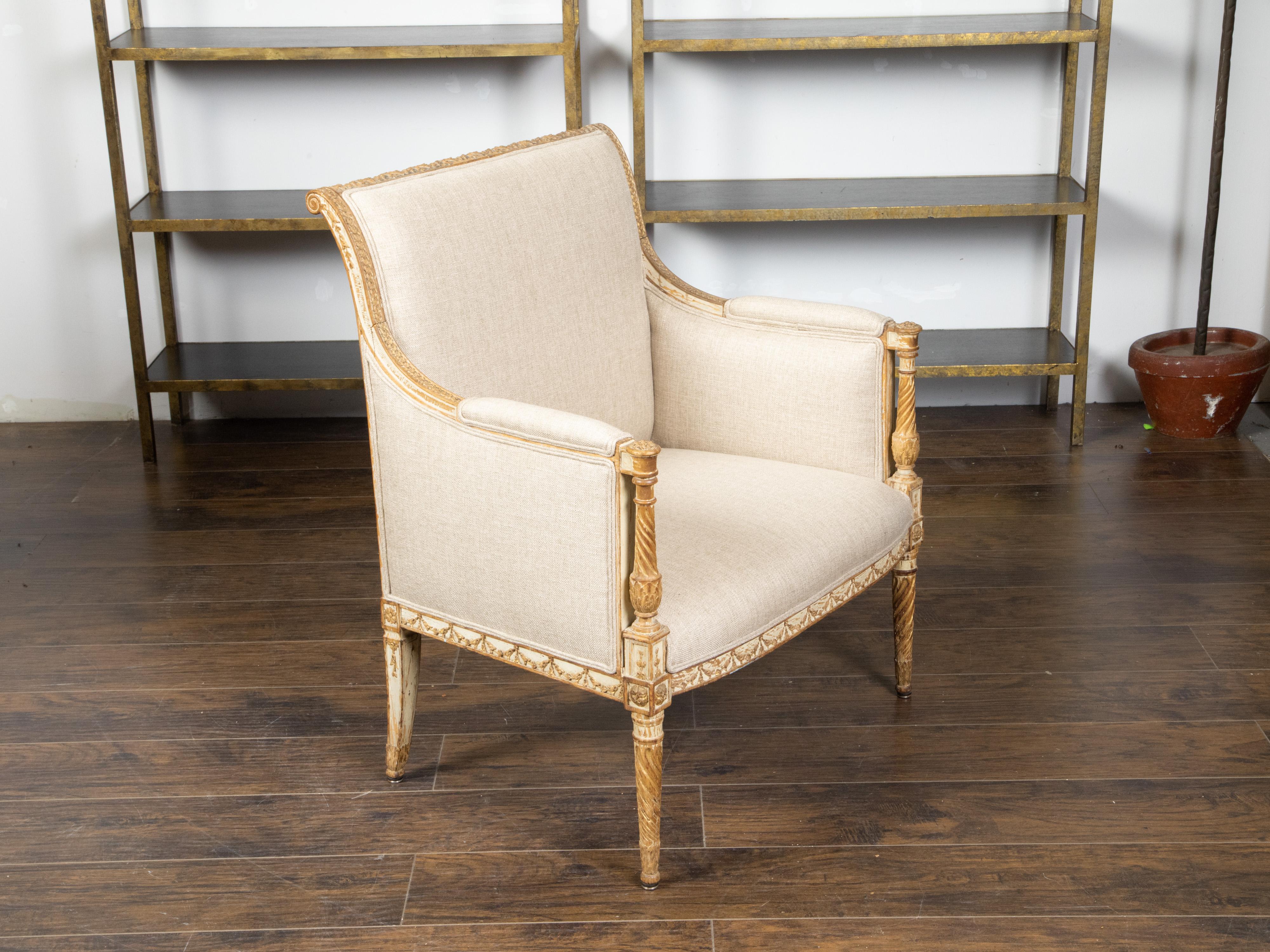 French Directoire Style 19th Century Carved, Painted and Gilded Bergère Chair 8