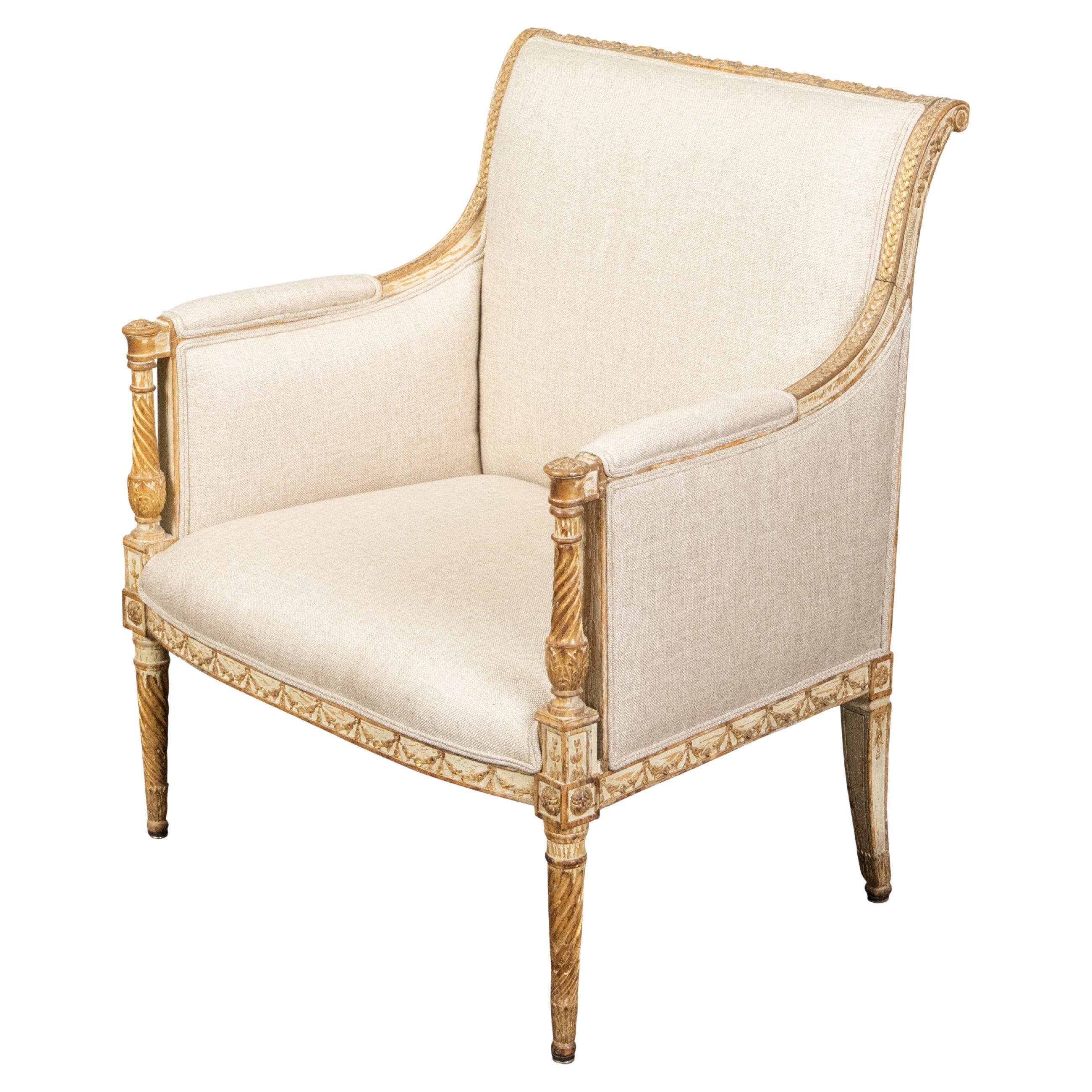 French Directoire Style 19th Century Carved, Painted and Gilded Bergère Chair