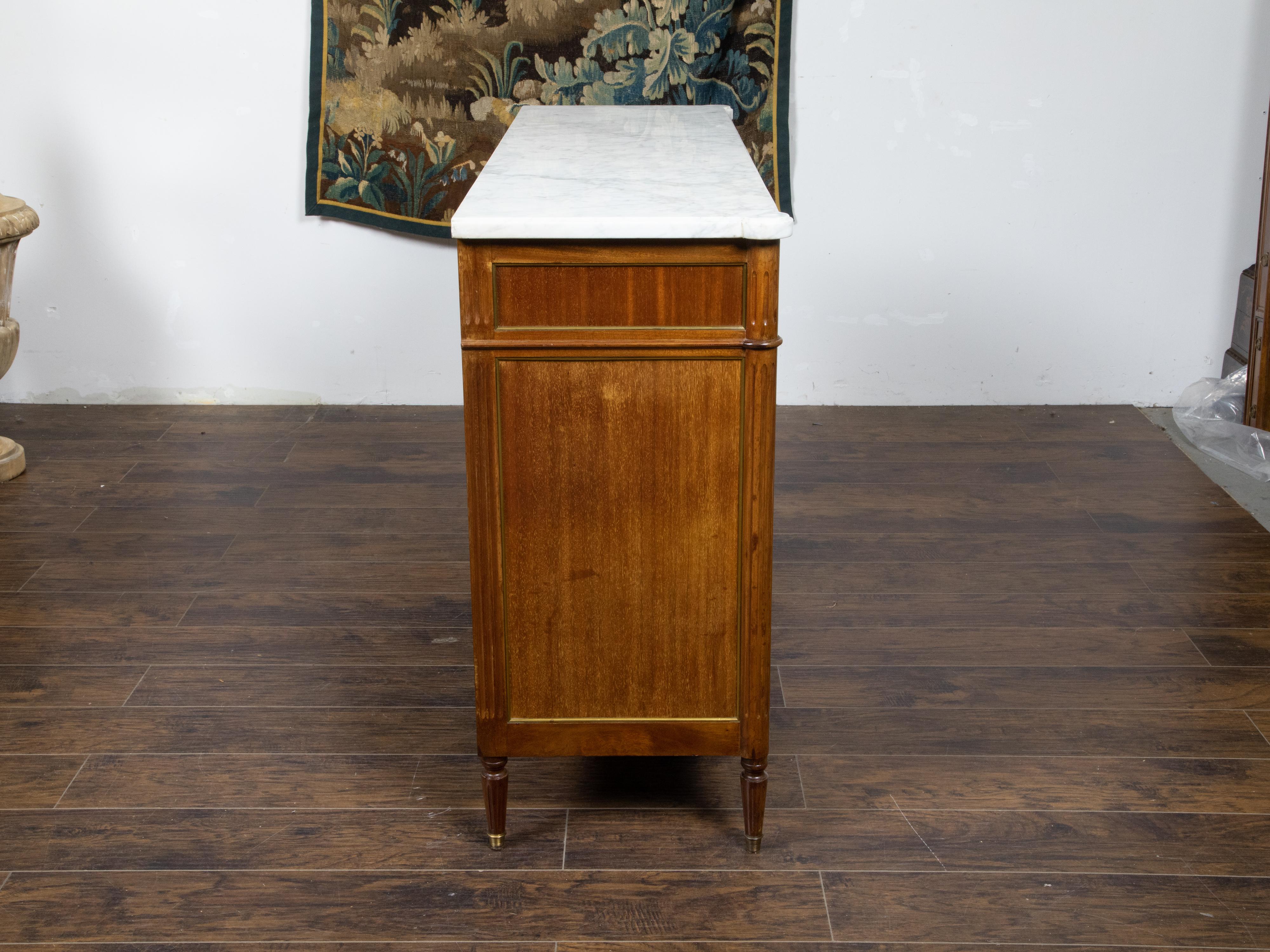 Brass French Directoire Style 19th Century Mahogany Sideboard with White Marble Top