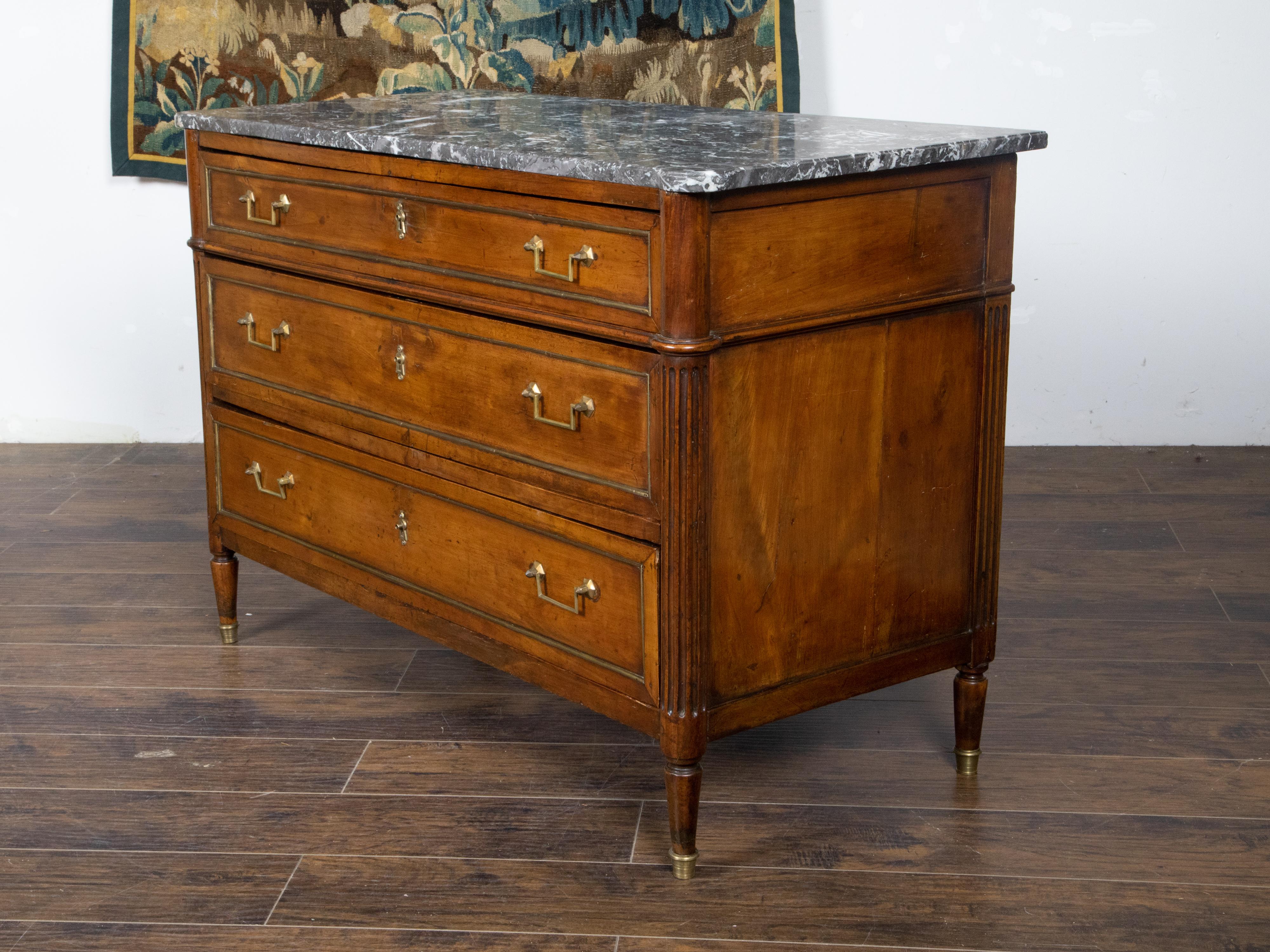 French Directoire Style 19th Century Walnut Commode with Grey Marble Top In Good Condition For Sale In Atlanta, GA