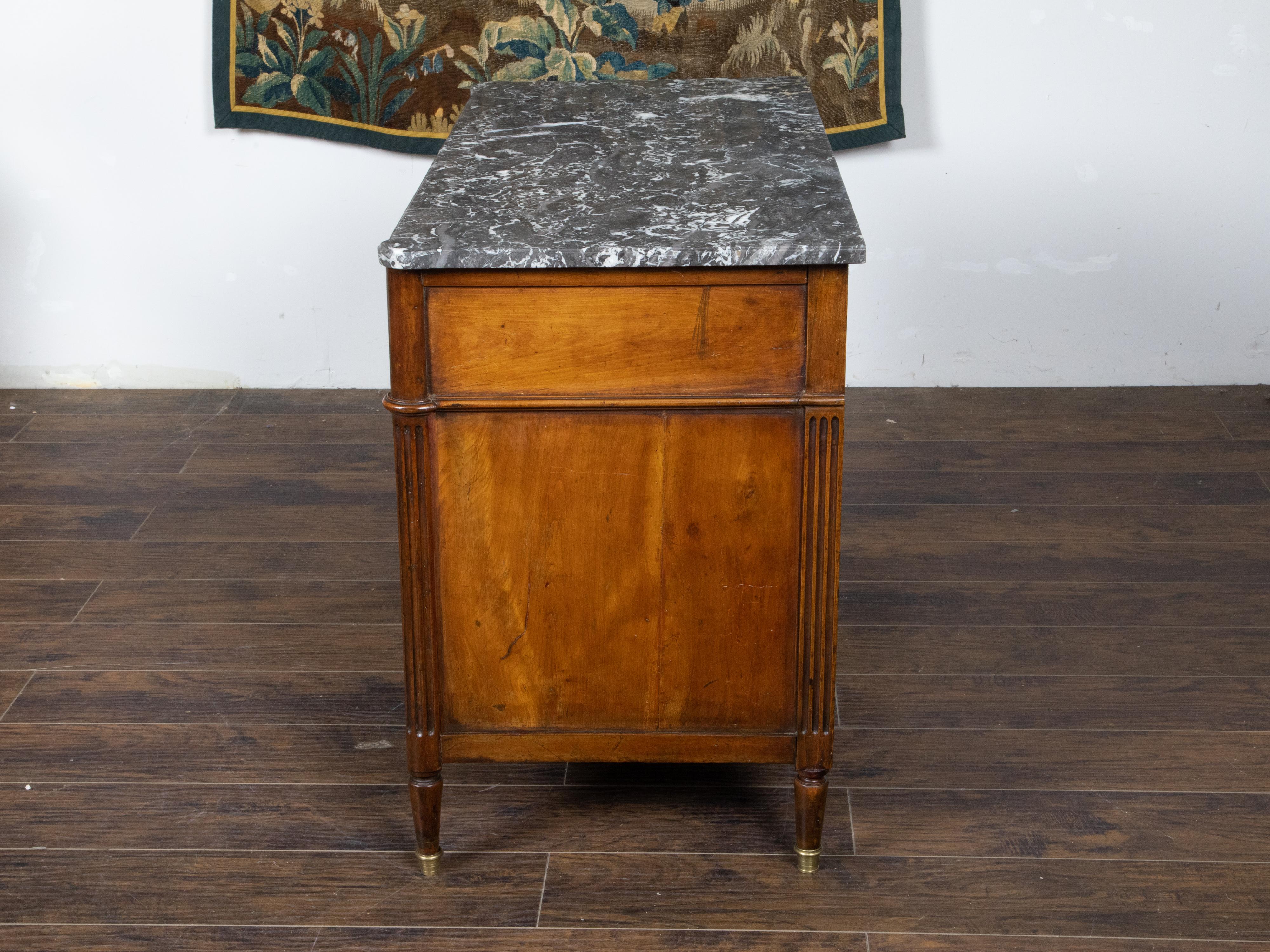 Brass French Directoire Style 19th Century Walnut Commode with Grey Marble Top For Sale
