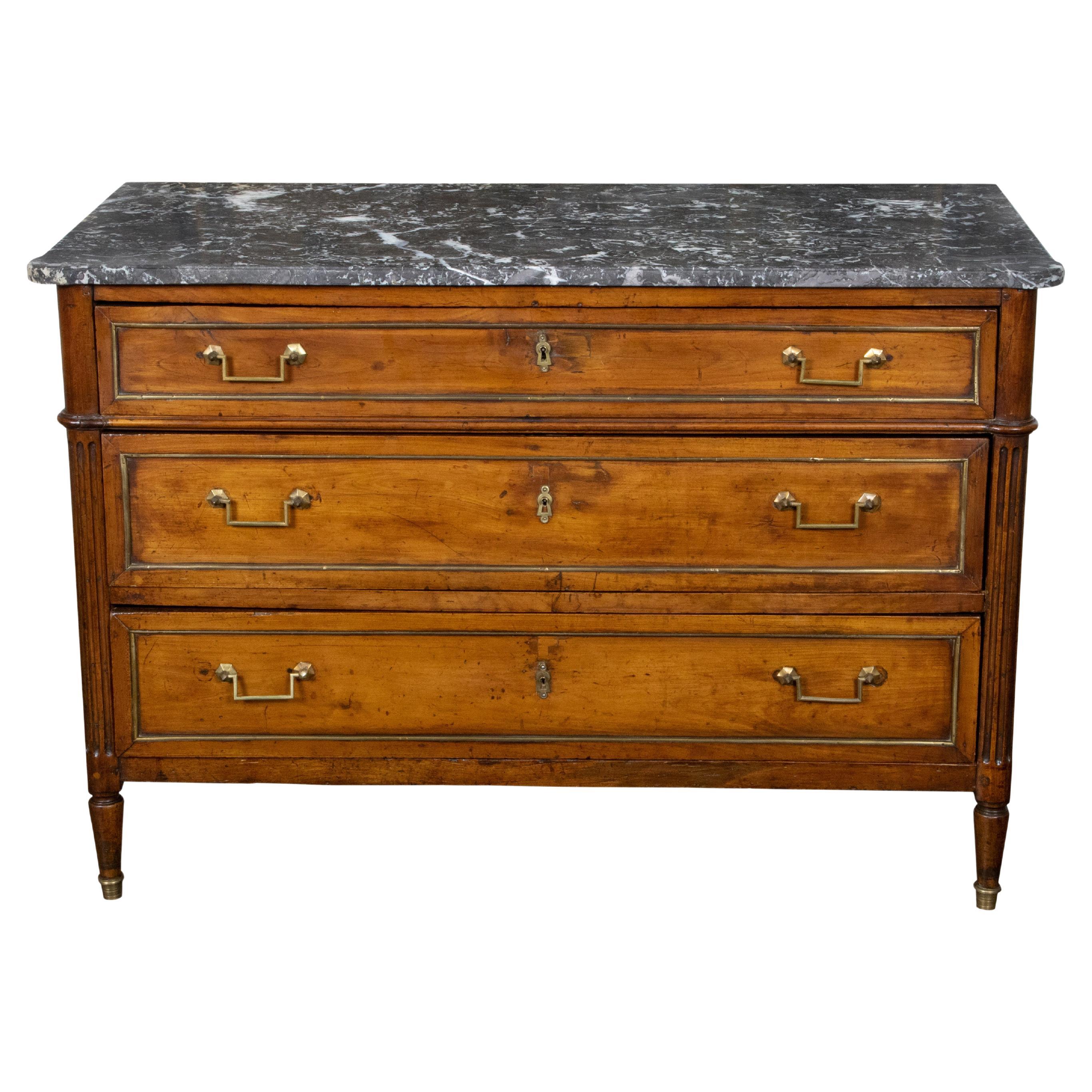 French Directoire Style 19th Century Walnut Commode with Grey Marble Top For Sale