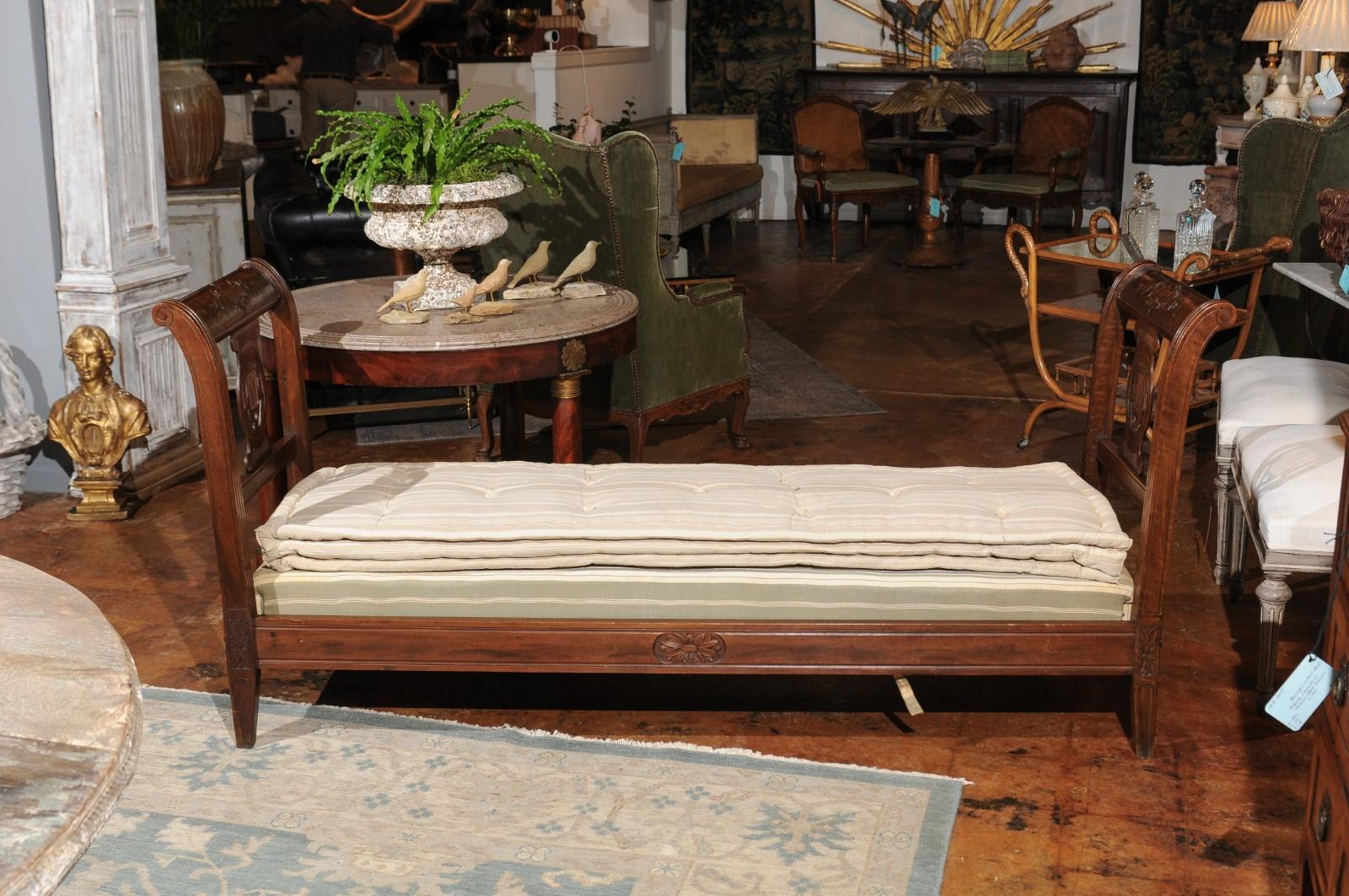 French Directoire Style 19th Century Walnut Daybed with Carved Lyre and Urn 2