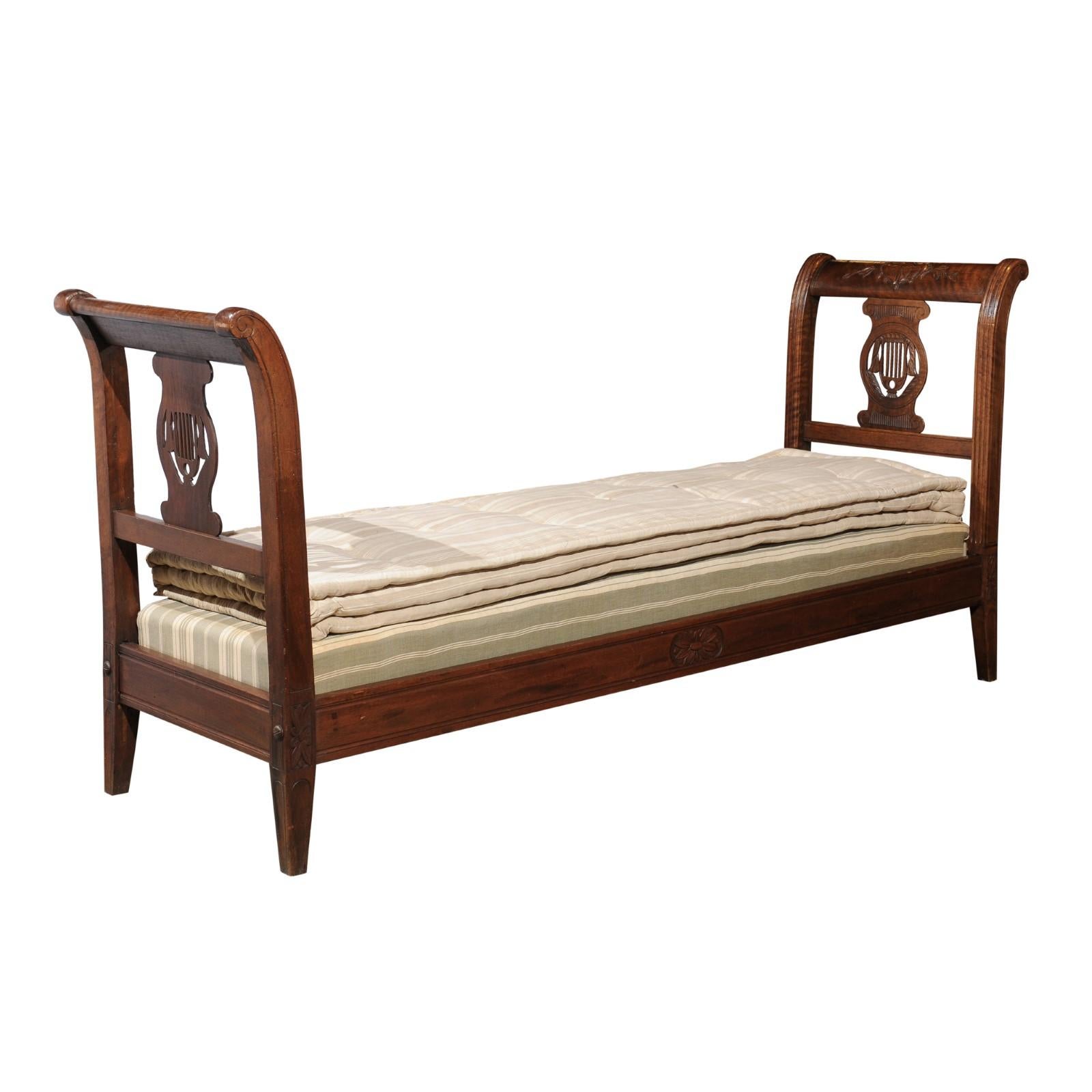 French Directoire Style 19th Century Walnut Daybed with Carved Lyre and Urn