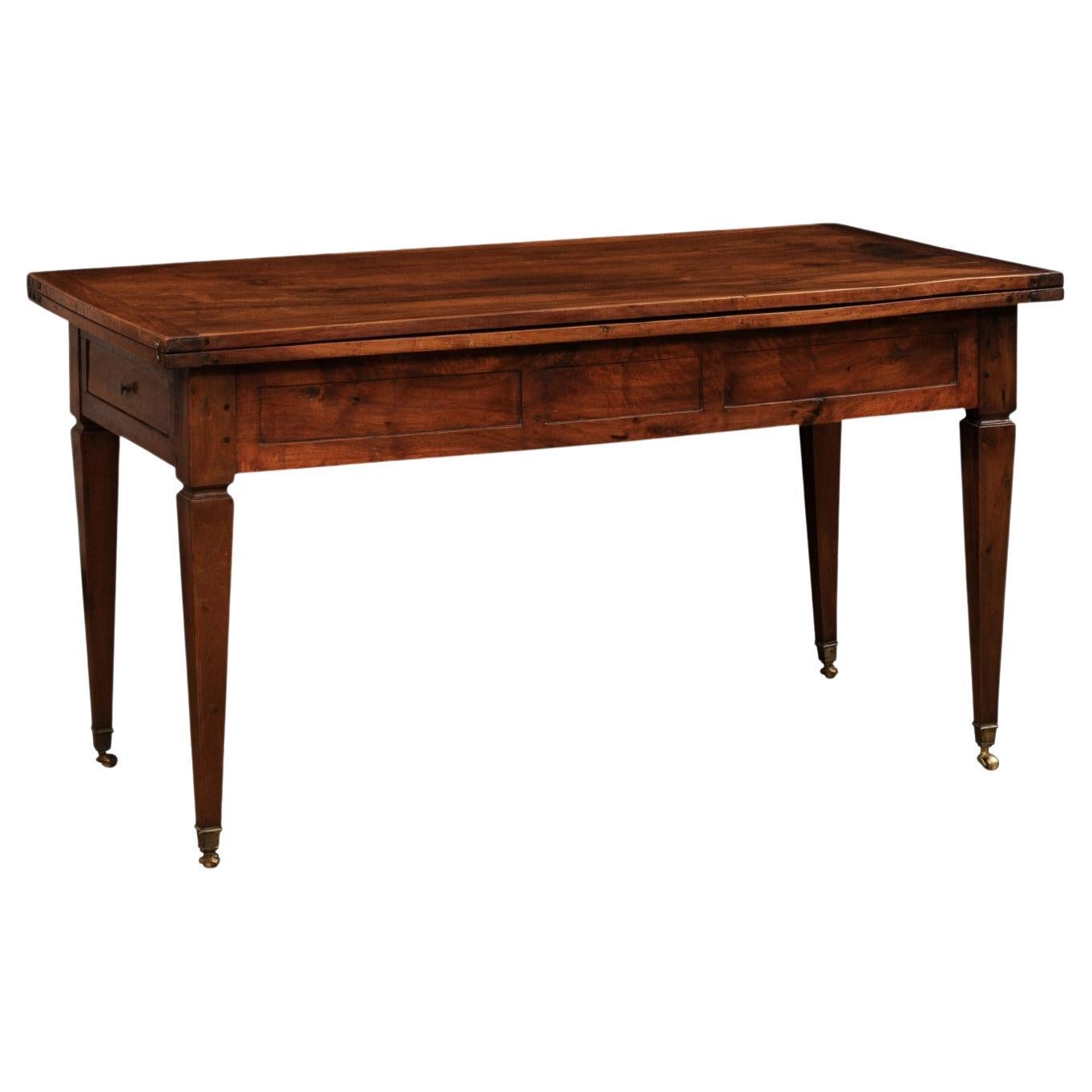 French Directoire Style 19th Century Walnut Table with Folding Top, Tapered Legs For Sale