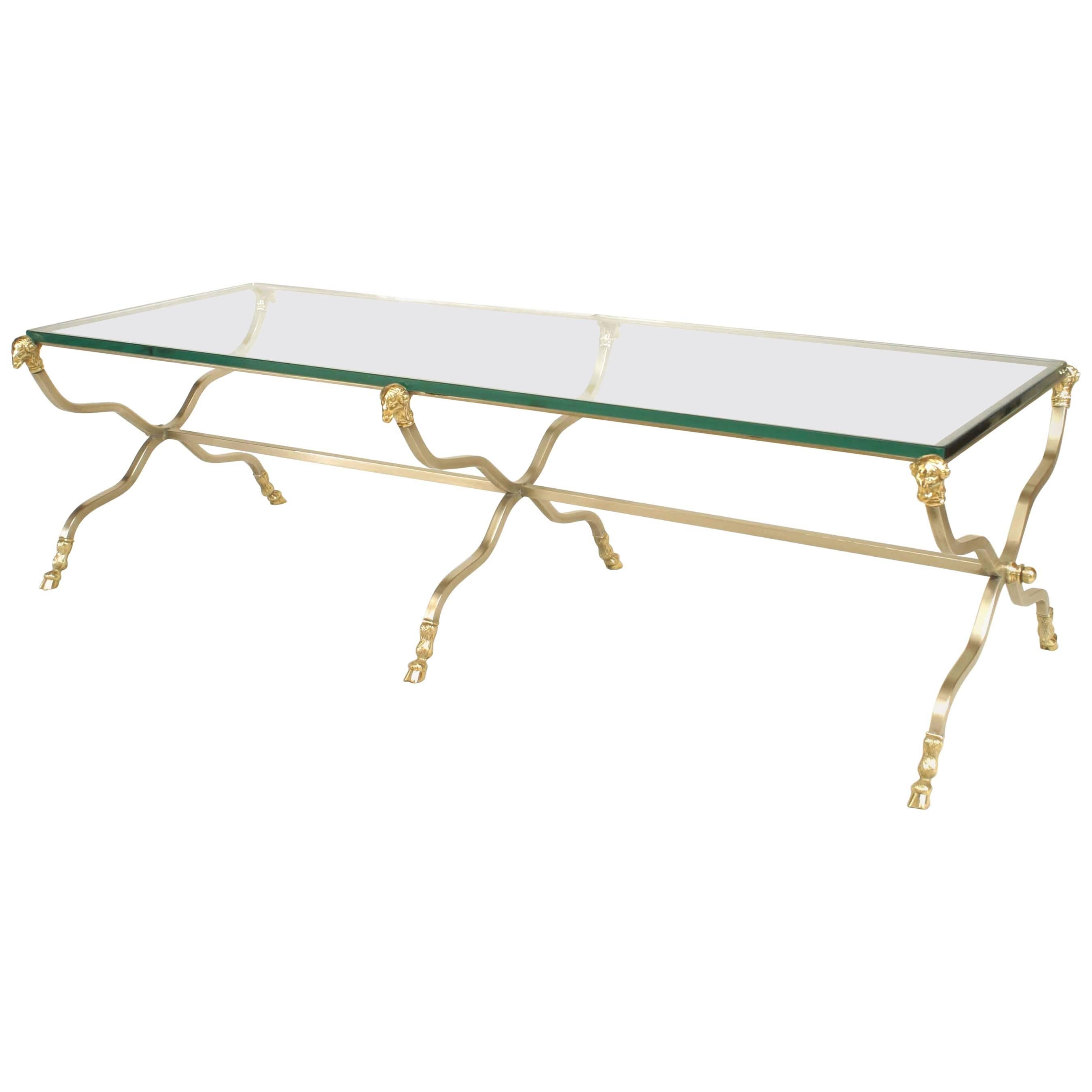 Maison Jansen French Directoire Style Brass and Glass Coffee Table For Sale