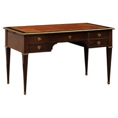 French Directoire Style 20th Century Desk with Leather Top and Five Drawers