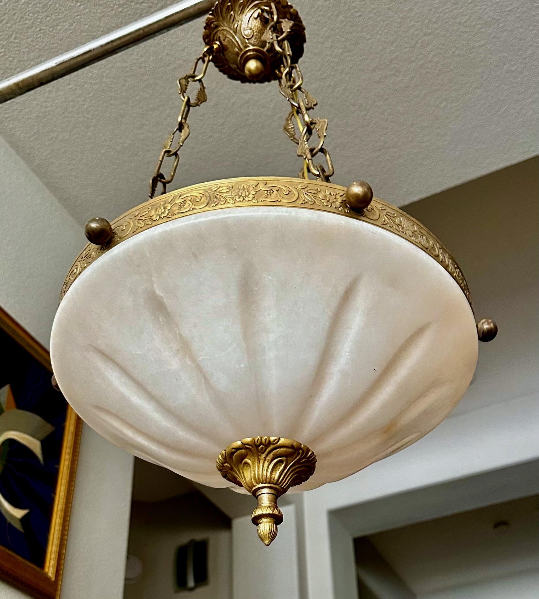 French Directoire Style Alabaster Chandelier Pendant Light In Good Condition For Sale In Palm Springs, CA