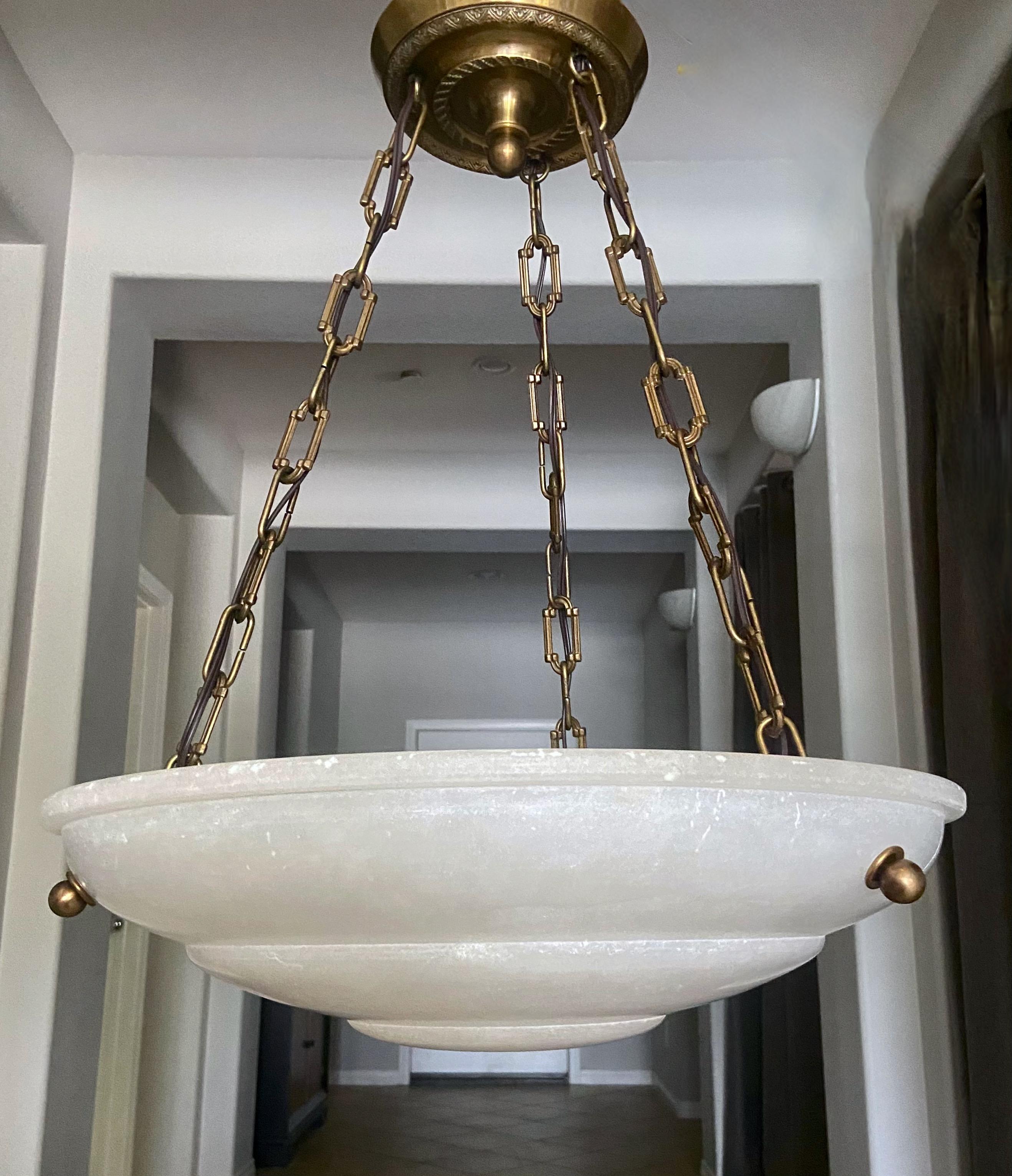 Brass French Directoire Style Alabaster Chandelier Pendant Light