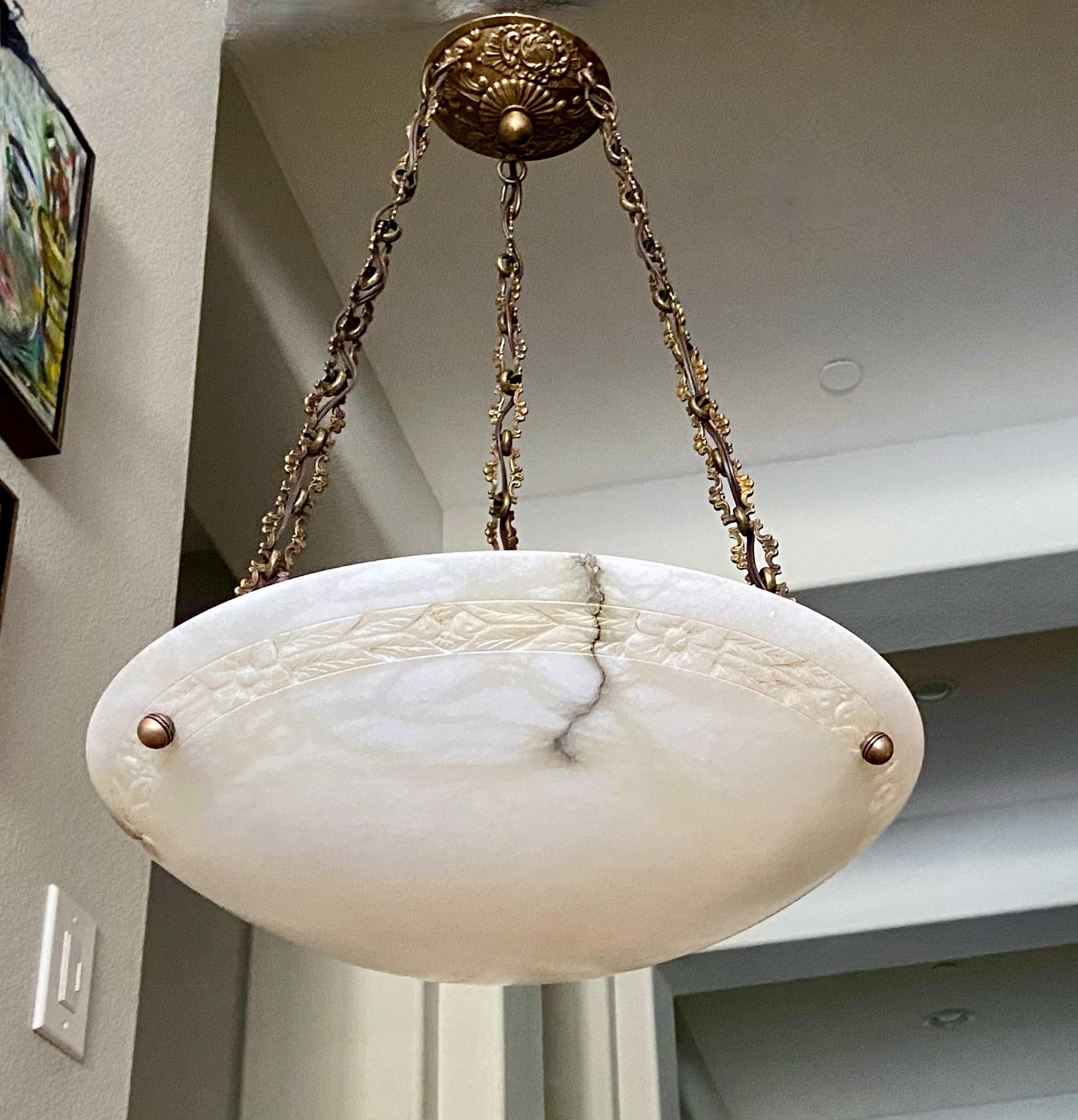 Brass French Directoire Style Alabaster Chandelier Pendant Light