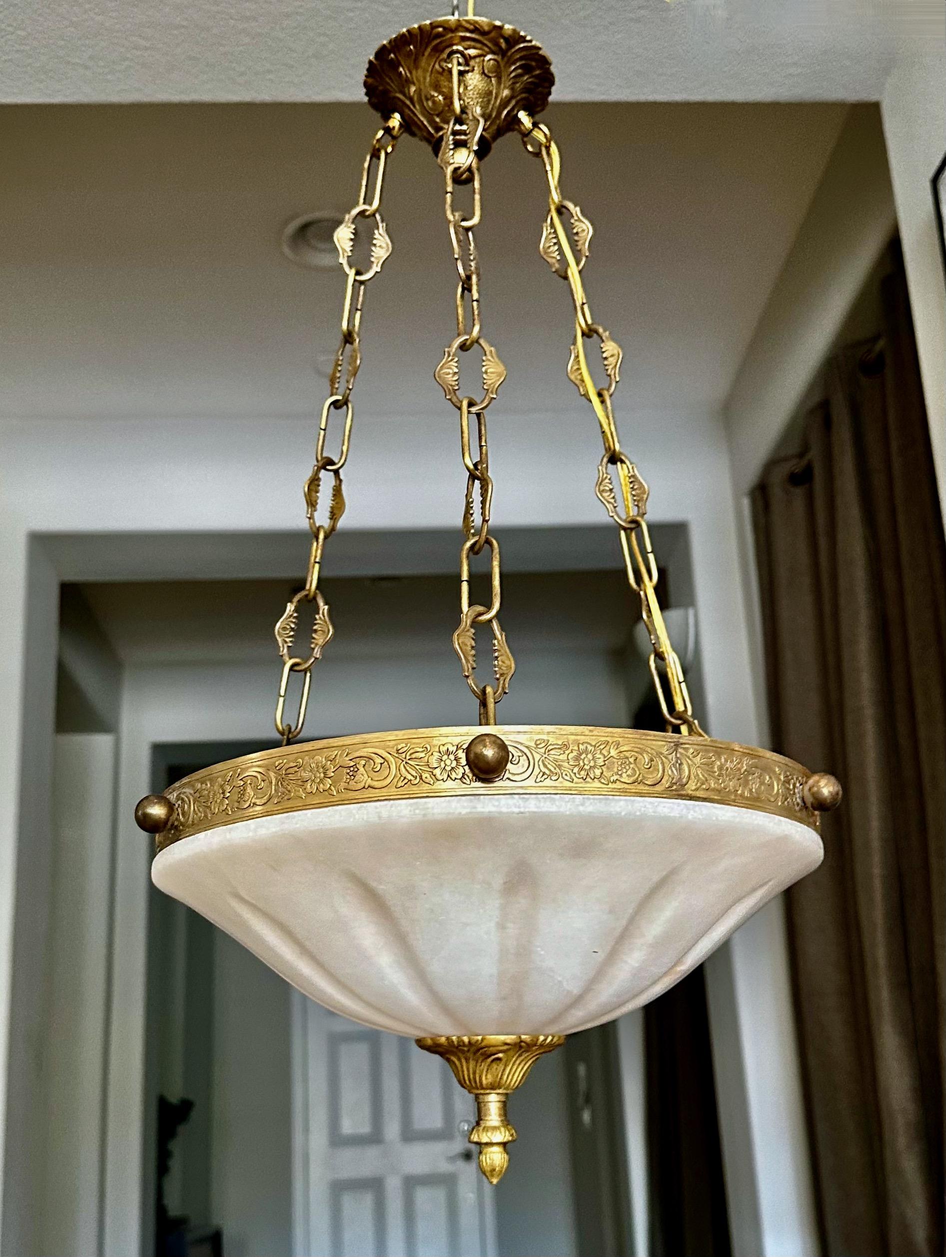 Brass French Directoire Style Alabaster Chandelier Pendant Light For Sale