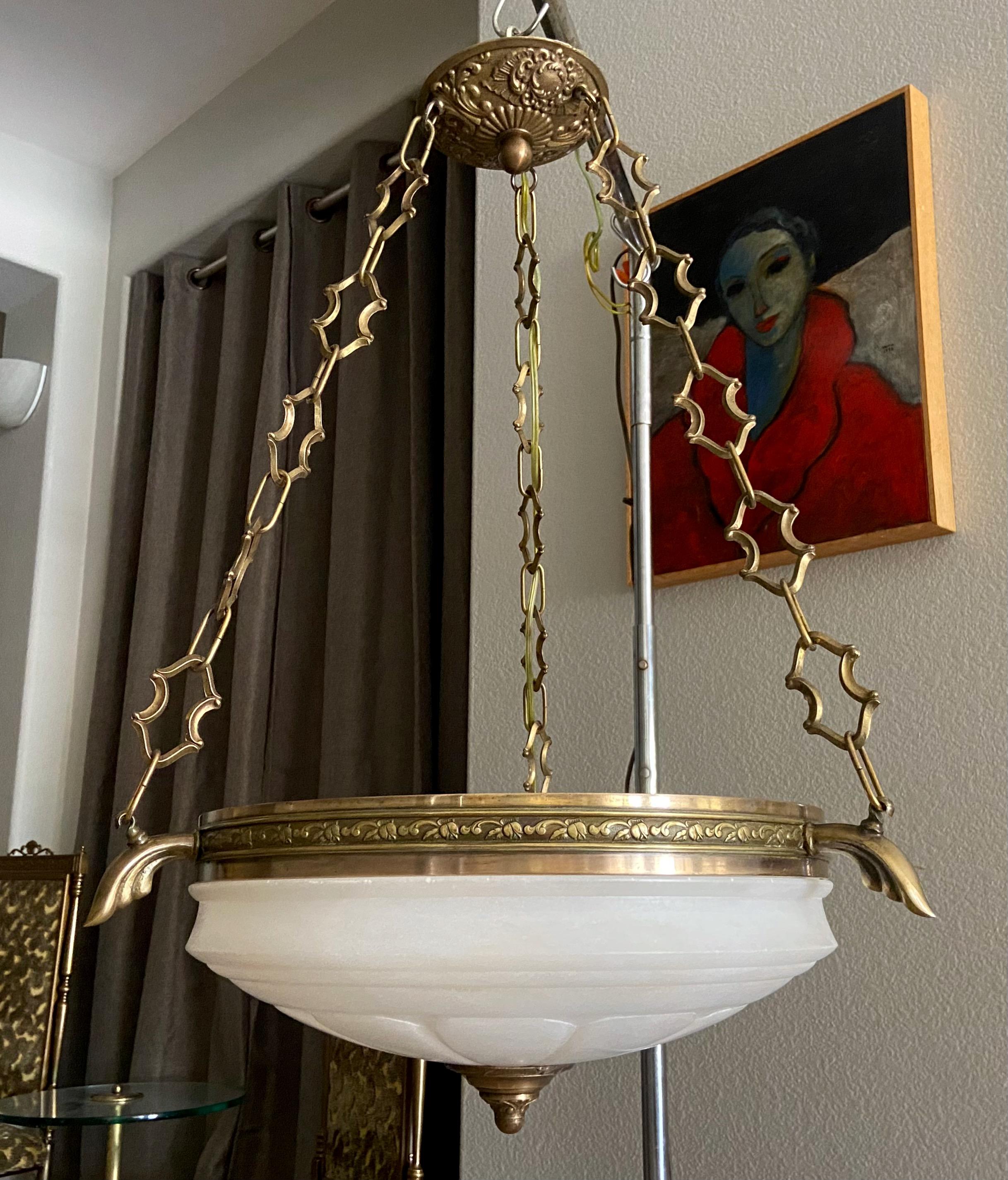 French Directoire Style Alabaster Chandelier Pendant Light In Good Condition In Palm Springs, CA