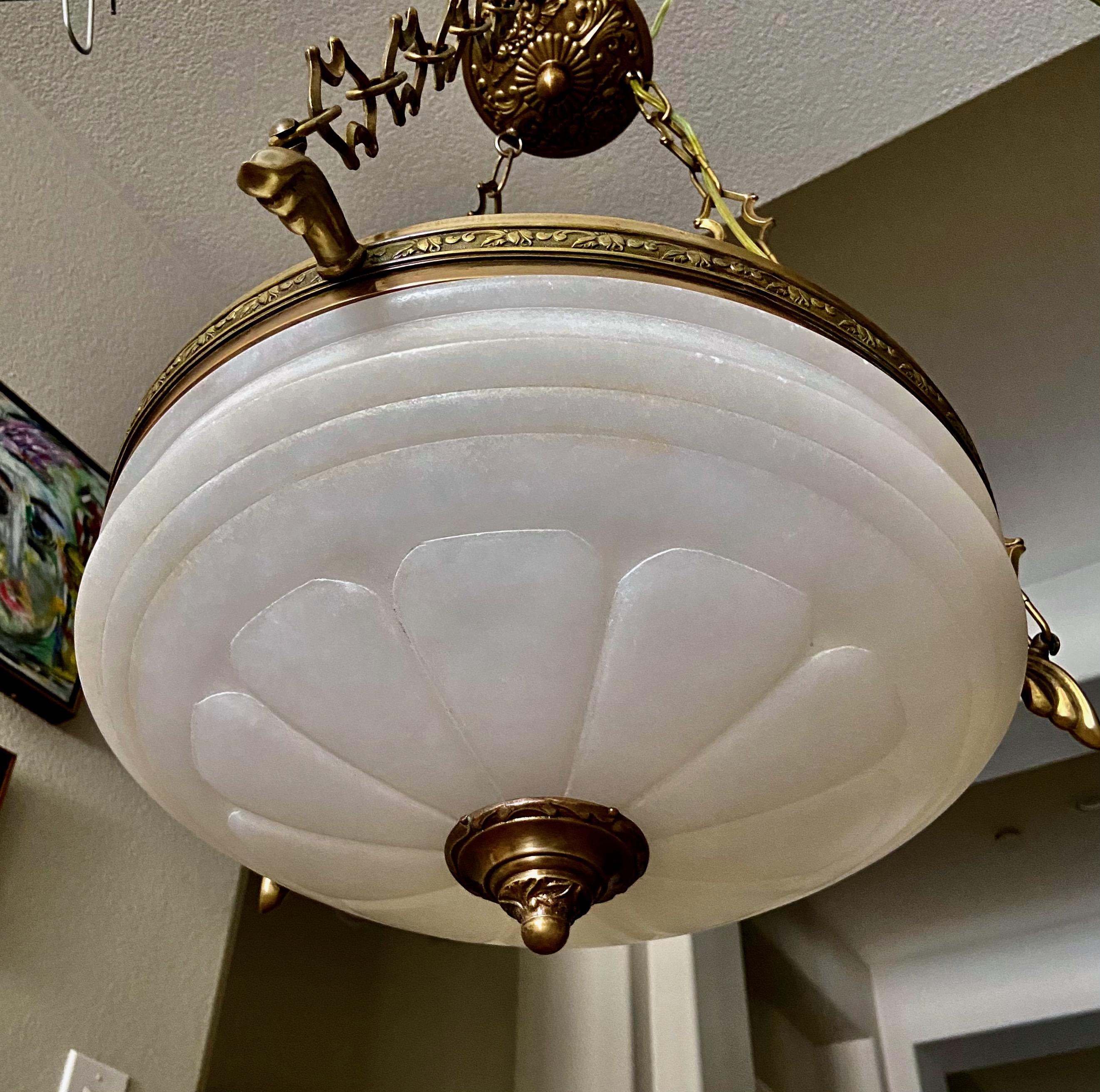 Mid-20th Century French Directoire Style Alabaster Chandelier Pendant Light