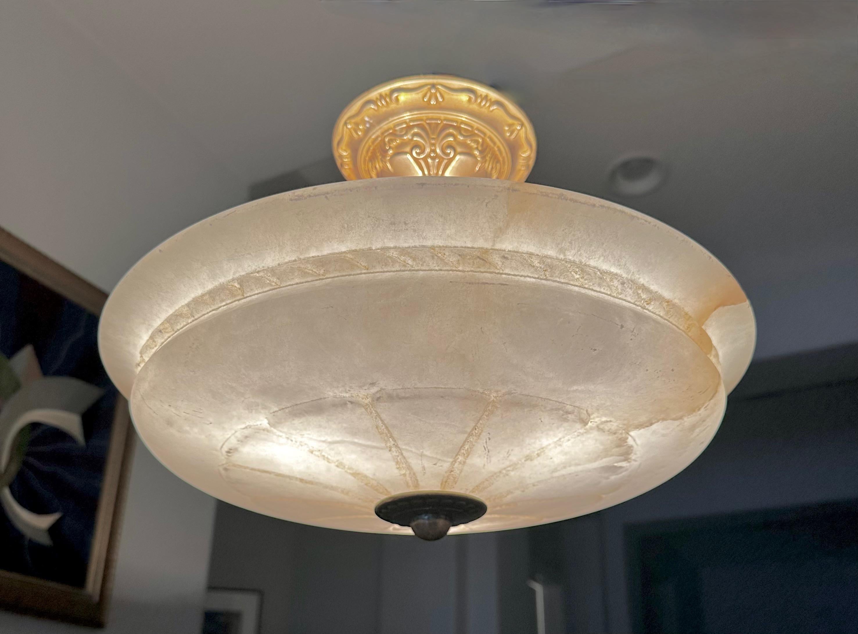 Brass French Directoire Style Alabaster Flushmount Ceiling Light For Sale