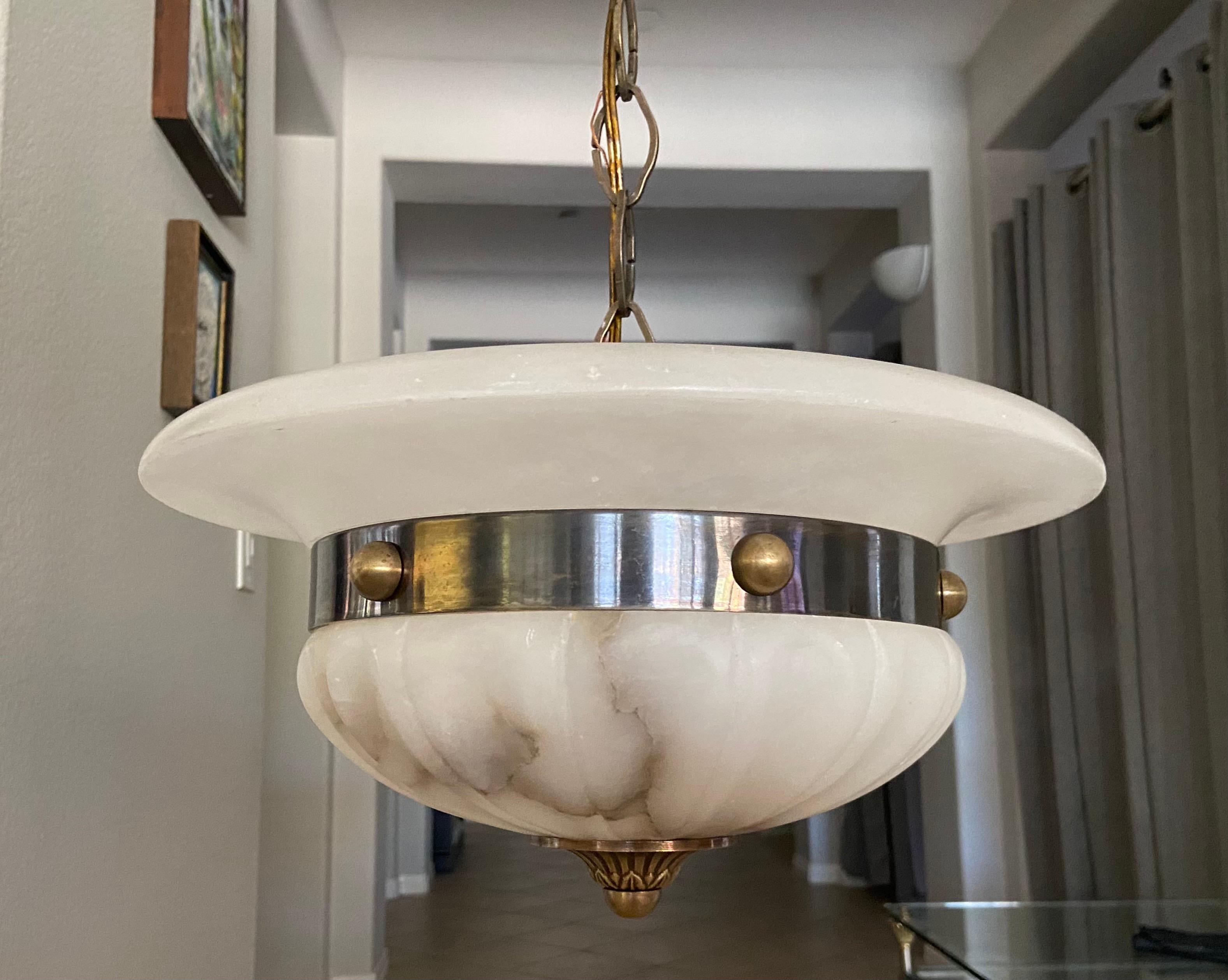 Brass French Directoire Style Alabaster Pendant Light