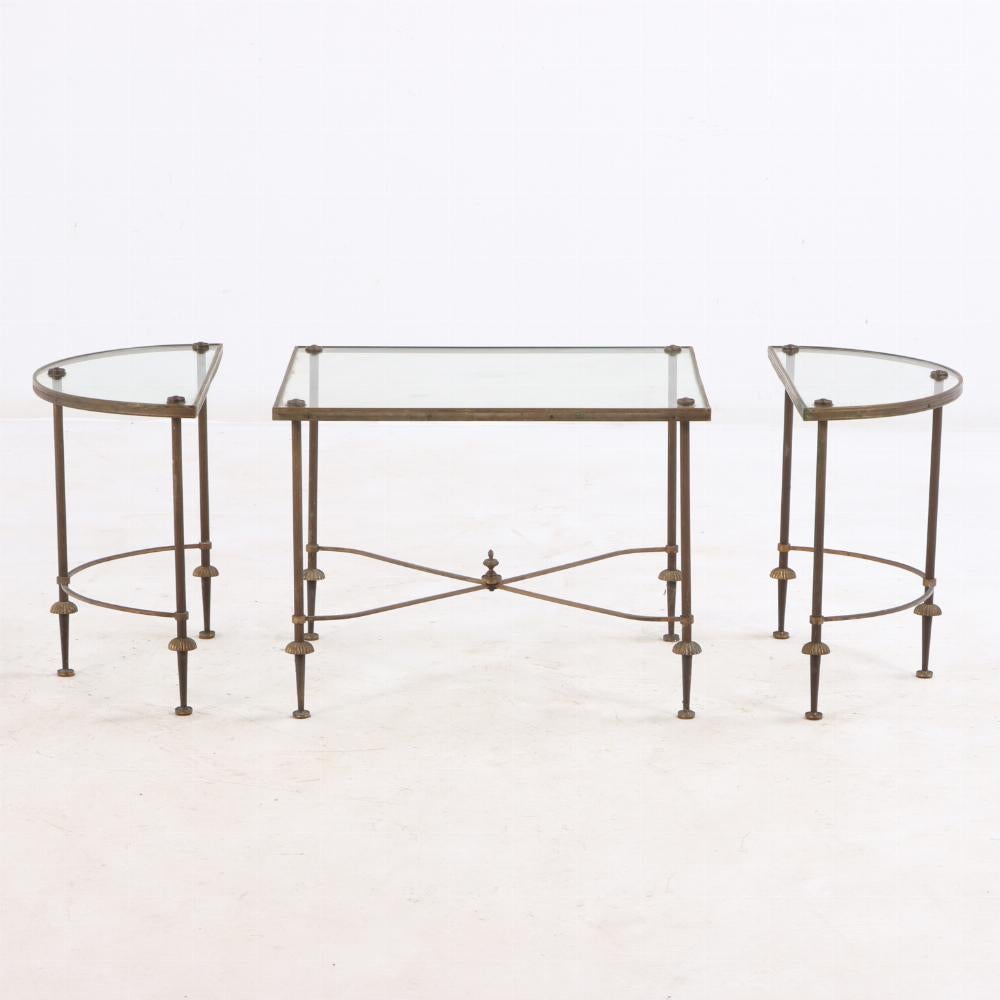 French Directoire style brass and glass three-piece coffee table C 1960. In the manner of Maison Bagues. Having a rectangular central section flanked by two D-shaped ends.