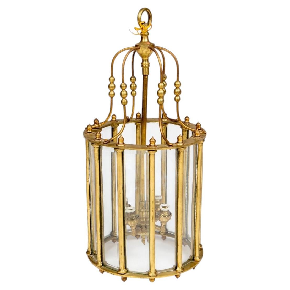 French Directoire Style Brass Hall Lantern with Beveled Glass, circa 1930 For Sale
