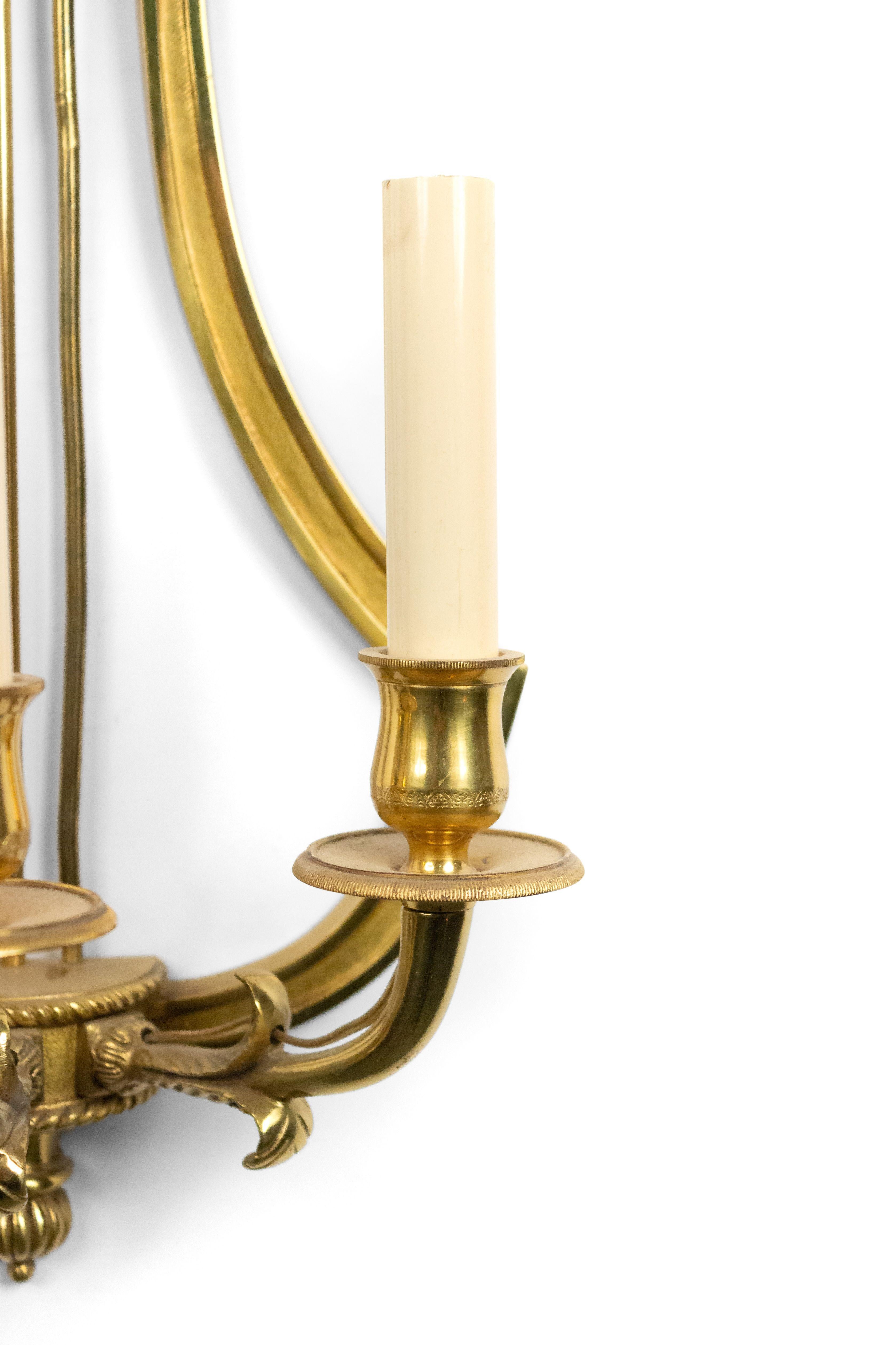 20th Century French Directoire Style Brass Lyre Wall Sconces For Sale