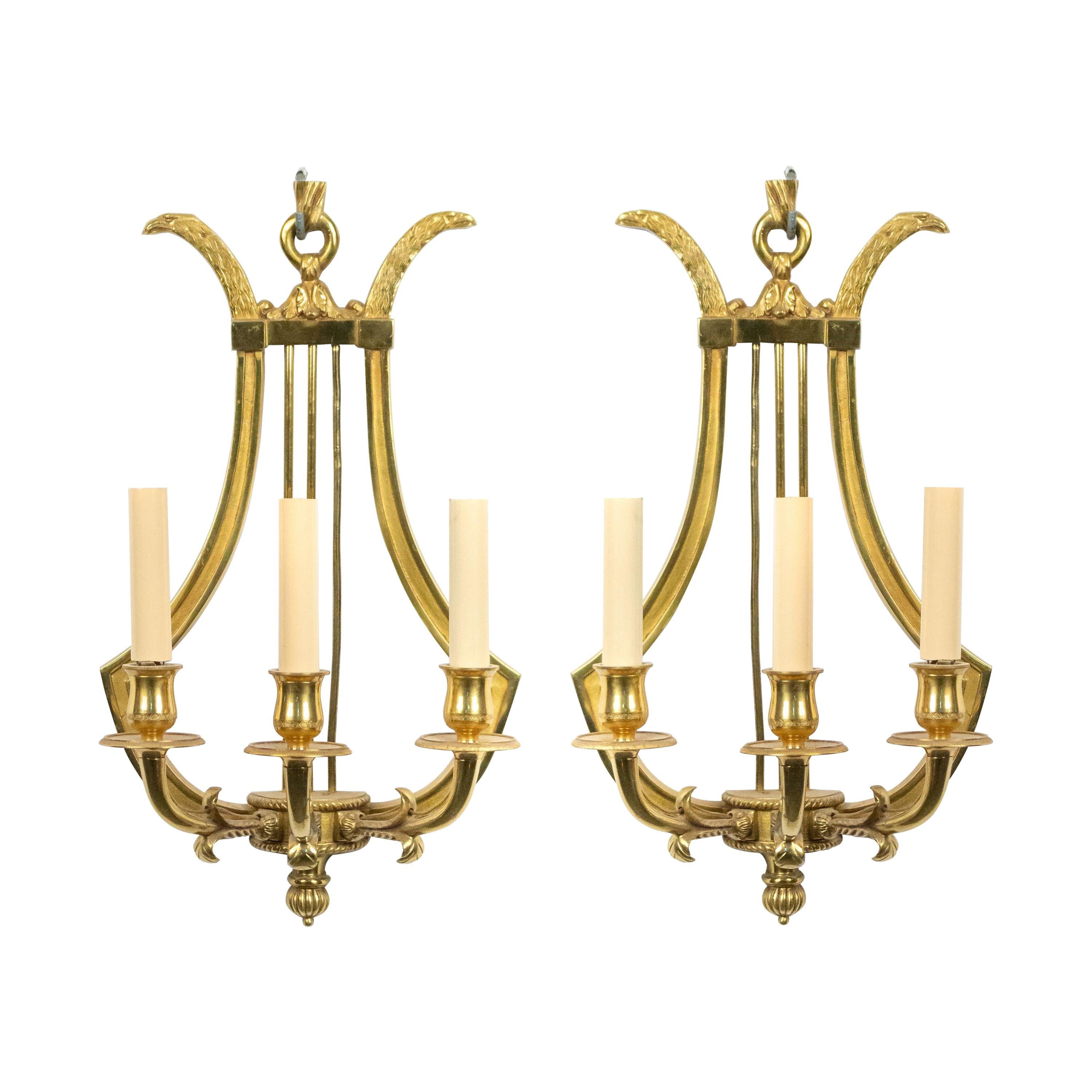French Directoire Style Brass Lyre Wall Sconces For Sale