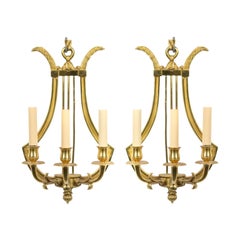 French Directoire Style Brass Lyre Wall Sconces