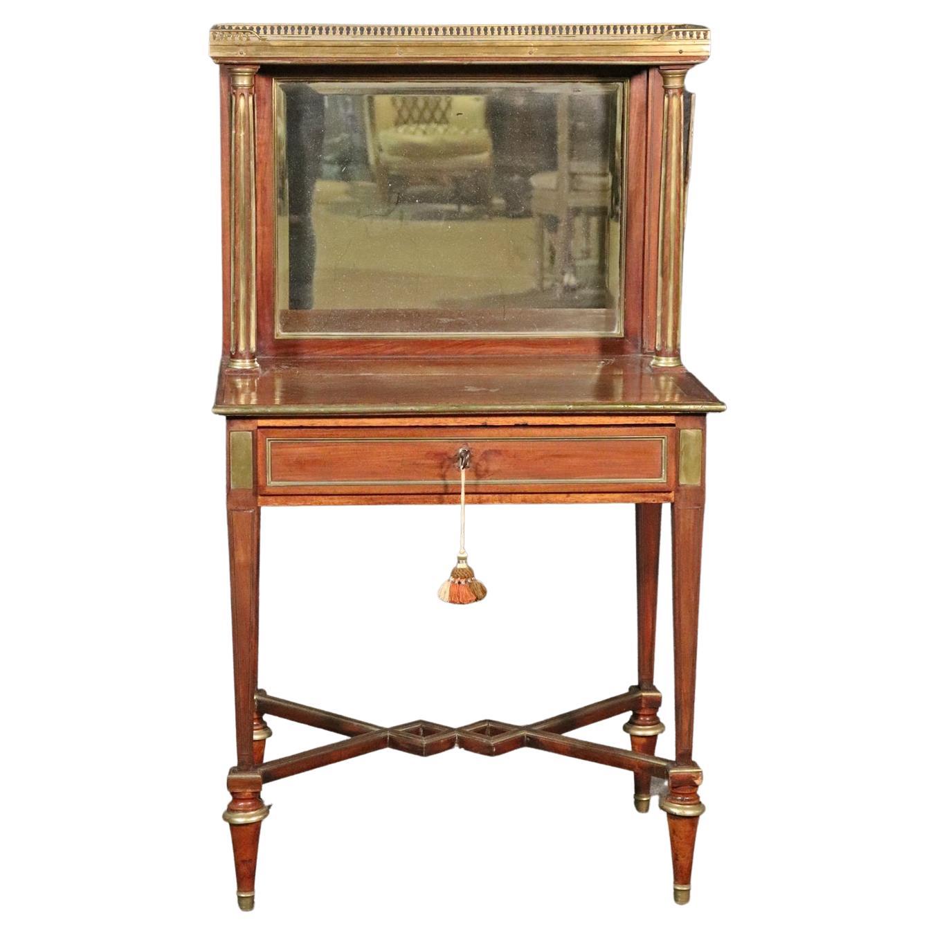 French Directoire Style Brass Trimmed Leather Top Vanity Desk, Circa 1890 For Sale