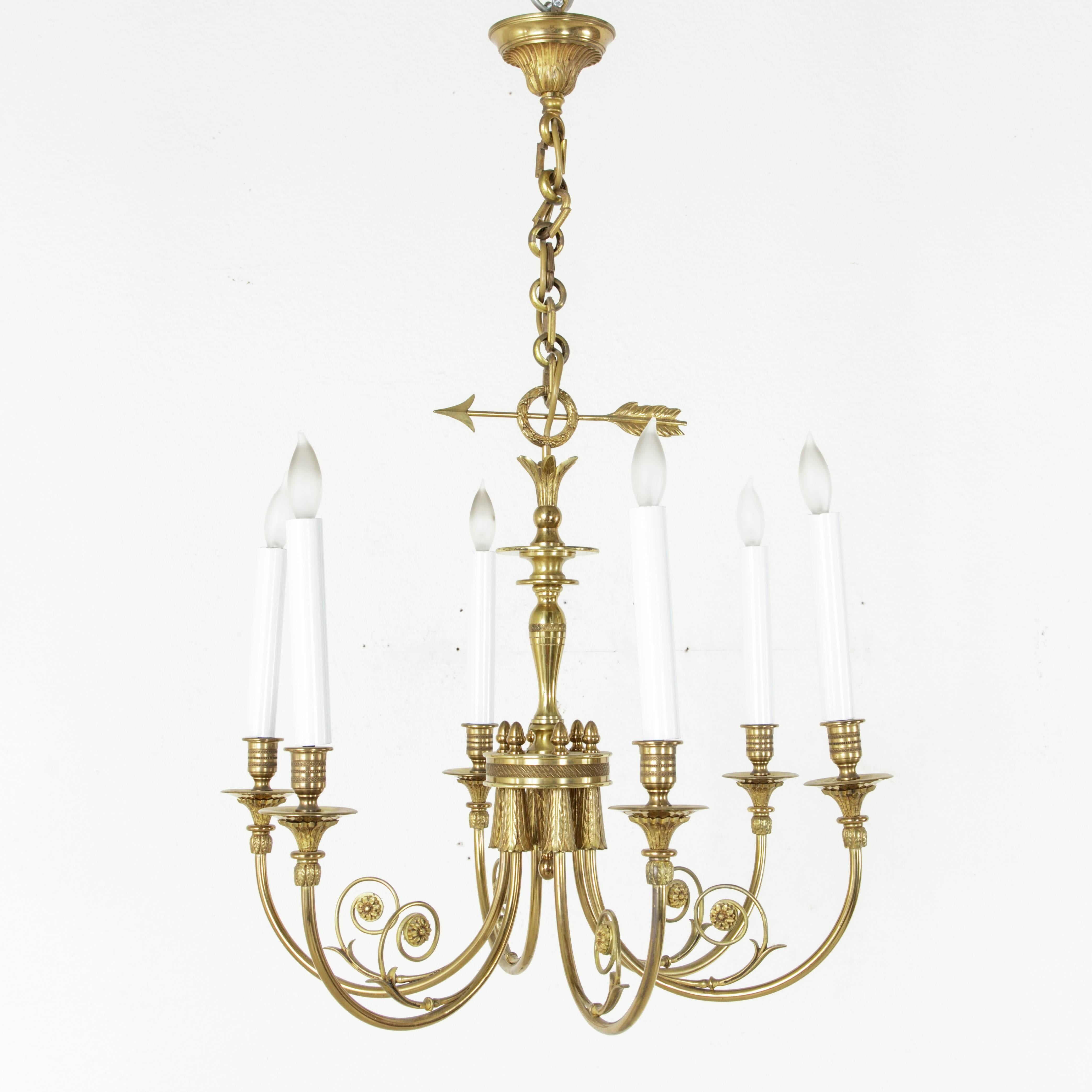 French Directoire Style Bronze Chandelier with Arrow Motif and Six Lights In Excellent Condition In Fayetteville, AR