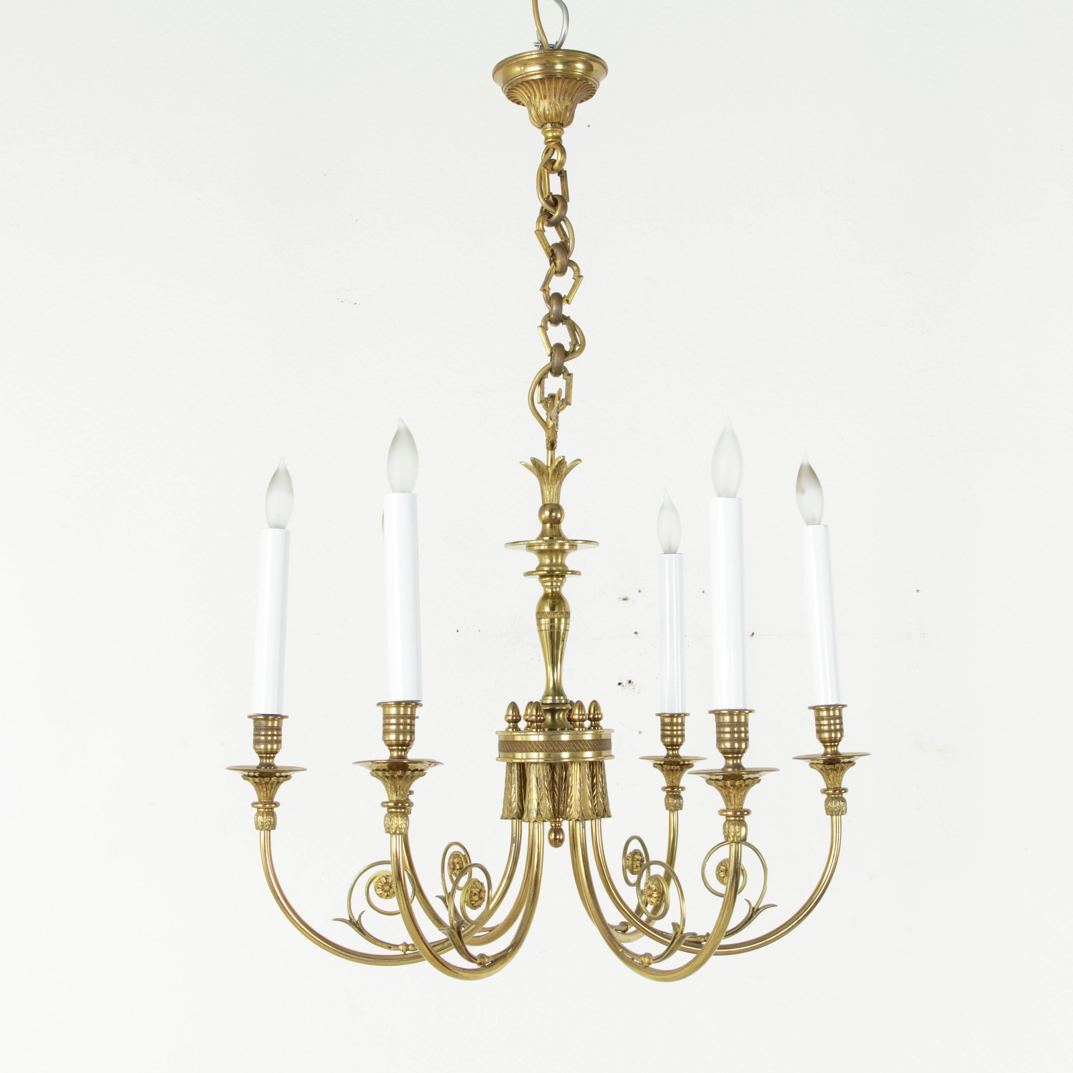 20th Century French Directoire Style Bronze Chandelier with Arrow Motif and Six Lights