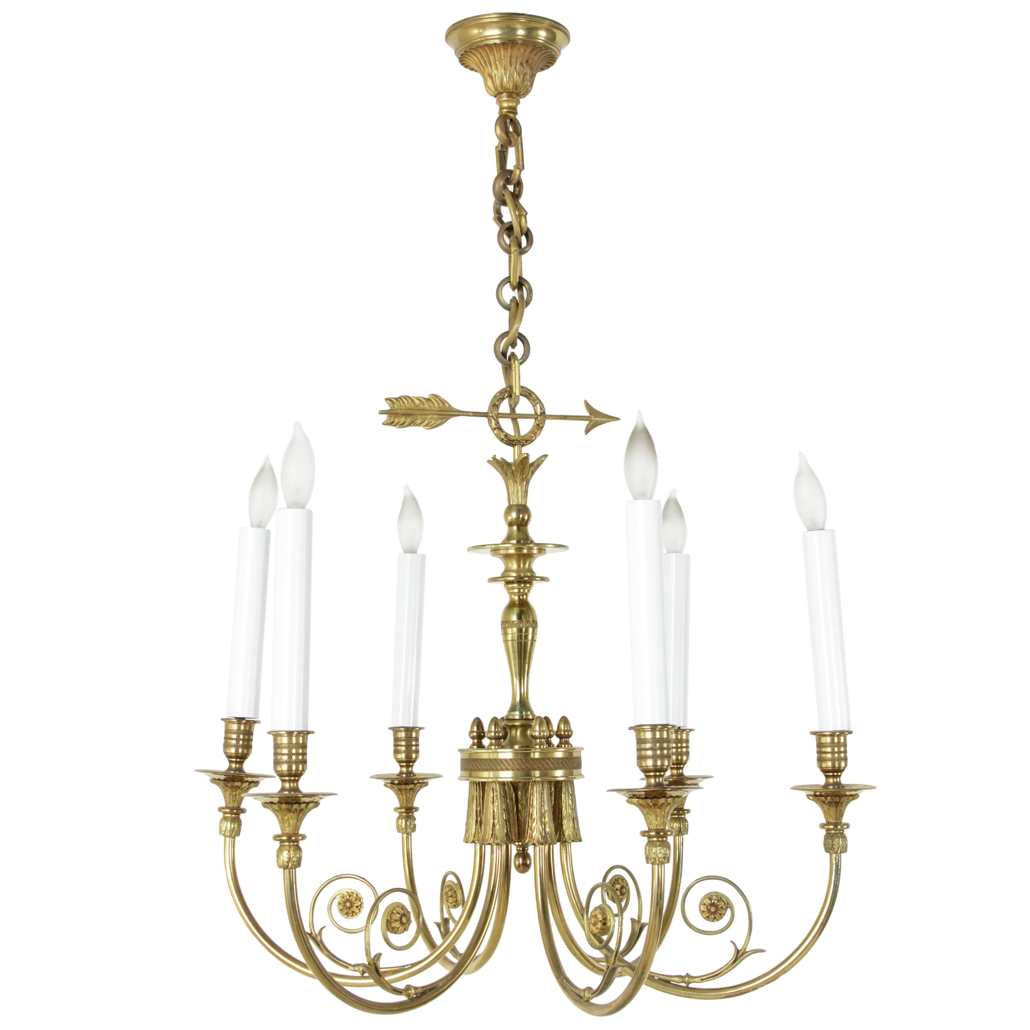 French Directoire Style Bronze Chandelier with Arrow Motif and Six Lights