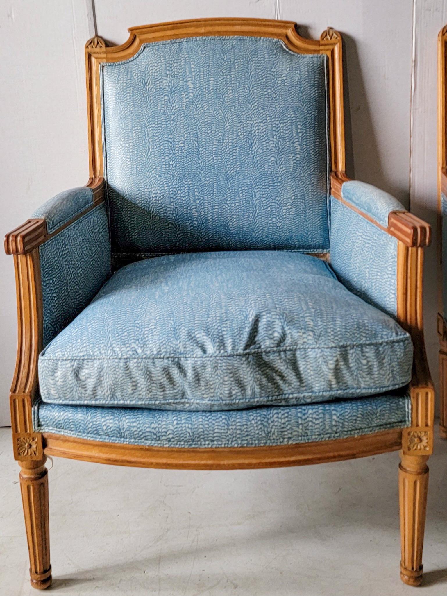 American French Directoire Style Cerused Oak Club Chairs in Blue Chintz, Pair