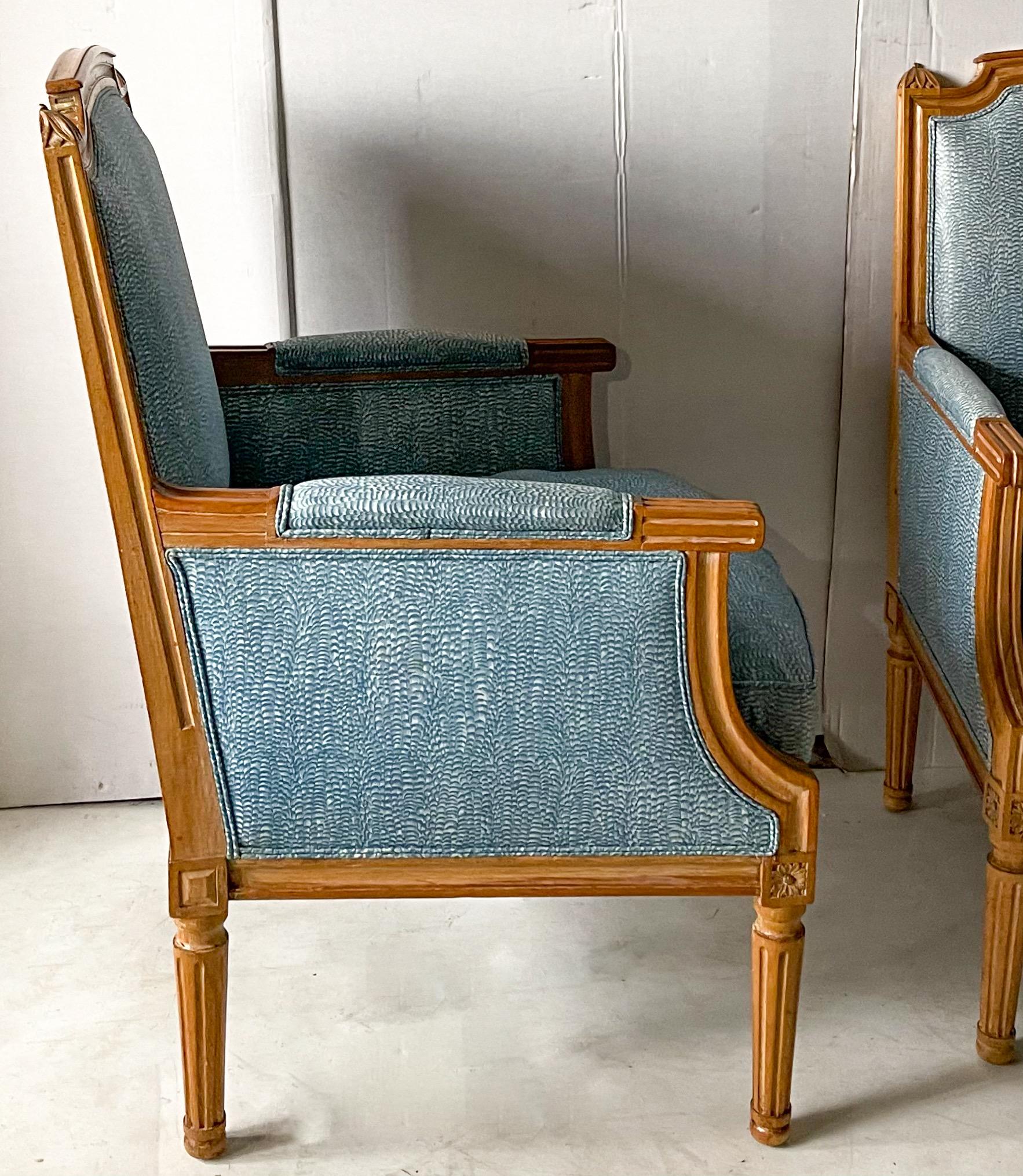 French Directoire Style Cerused Oak Club Chairs in Blue Chintz, Pair 1