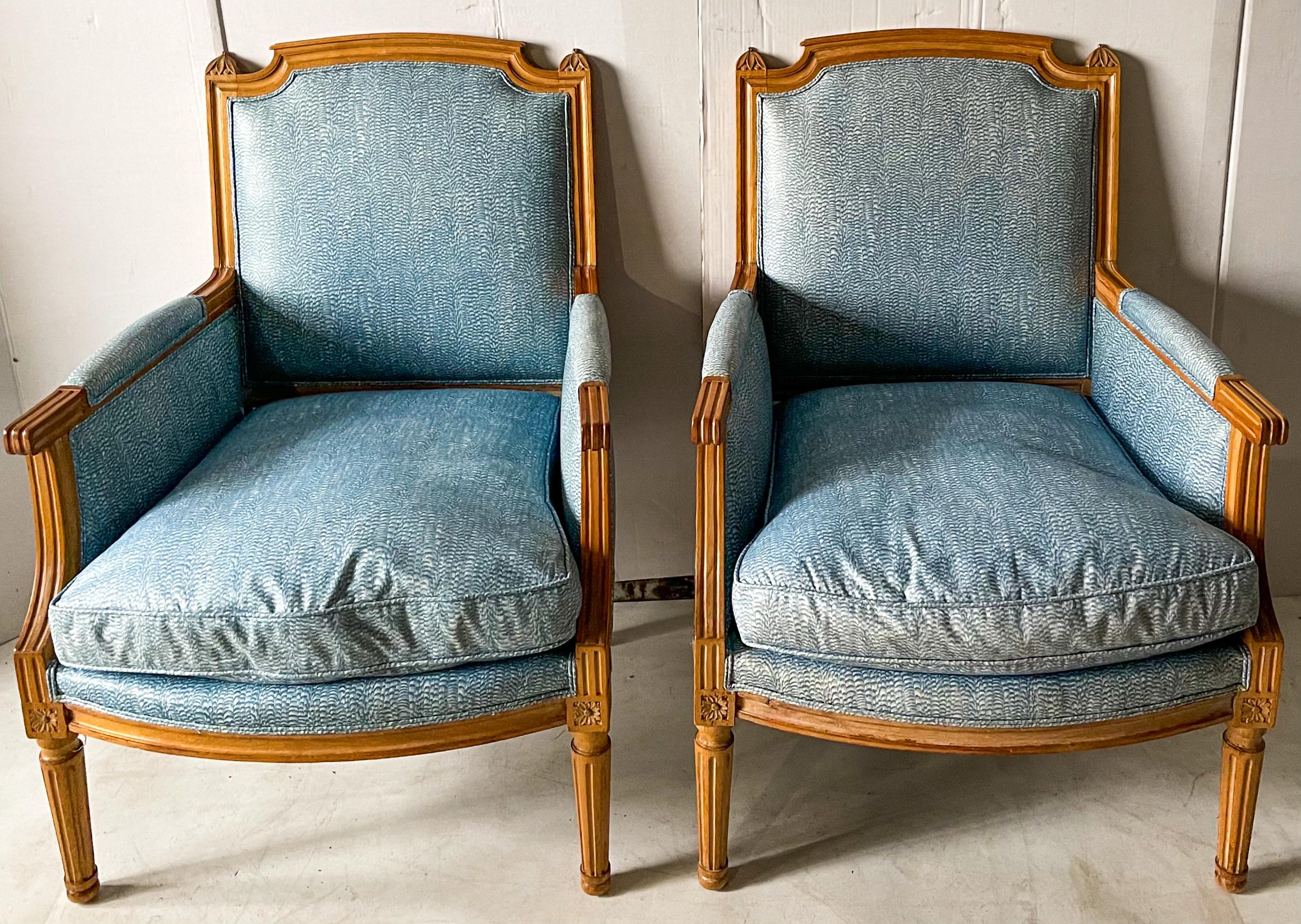 French Directoire Style Cerused Oak Club Chairs in Blue Chintz, Pair 2