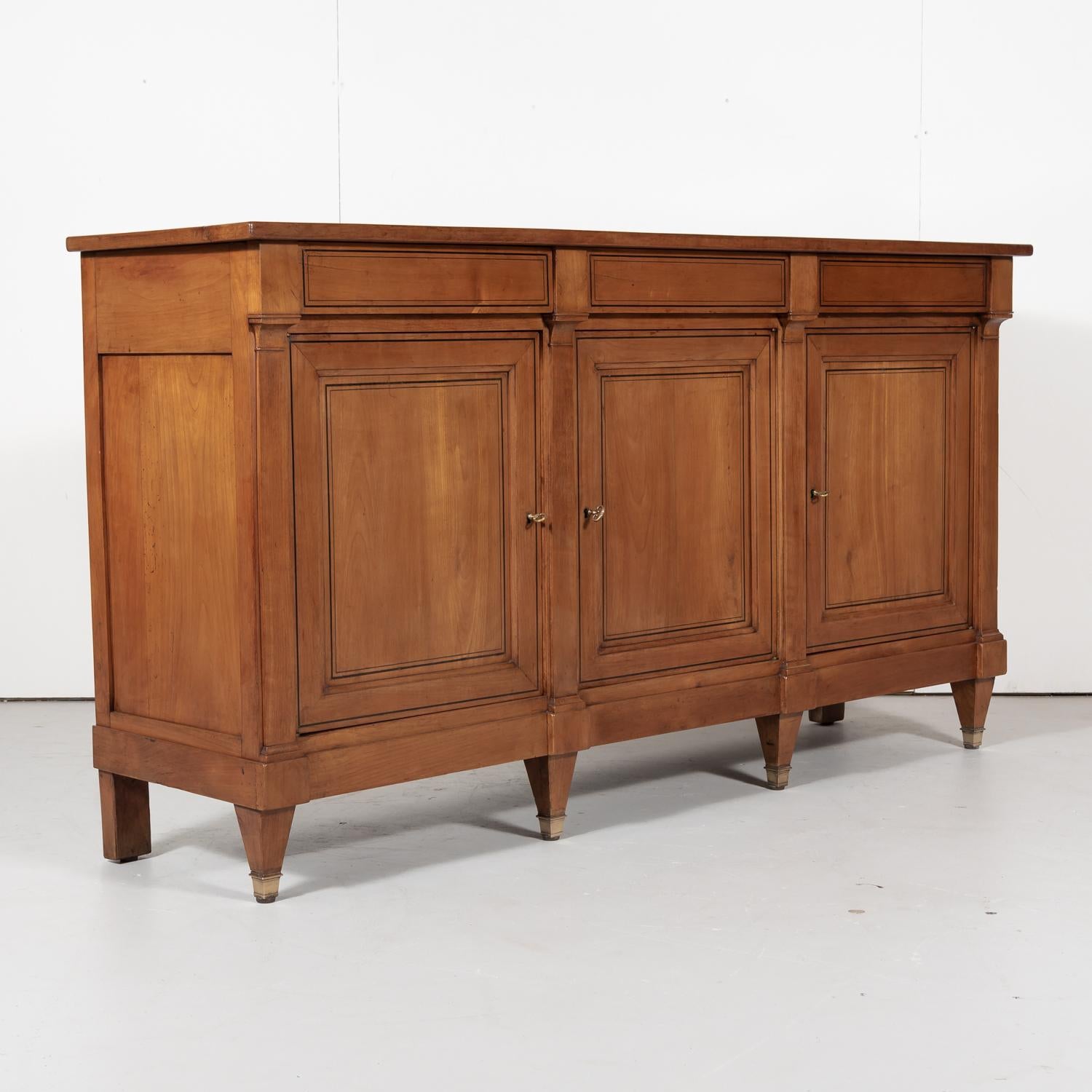Early 20th Century French Directoire Style Cherry Enfilade Buffet with Ebony Inlay