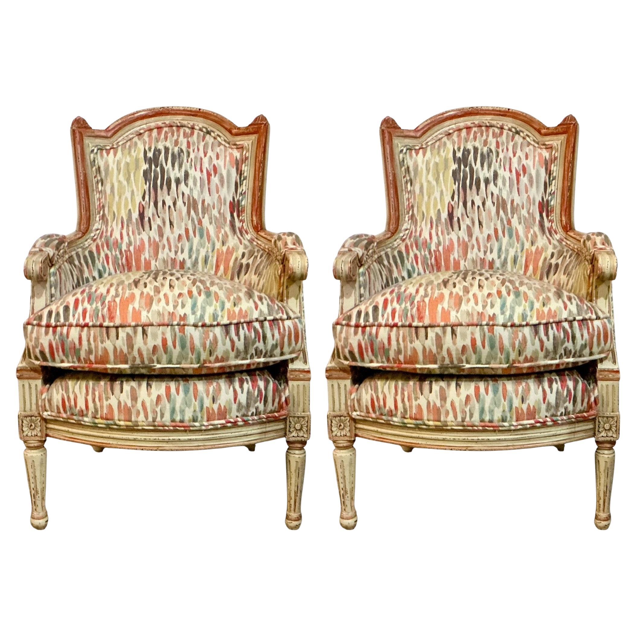 French Directoire Style Children’s Hand Pinted Bergere Chairs - Pair