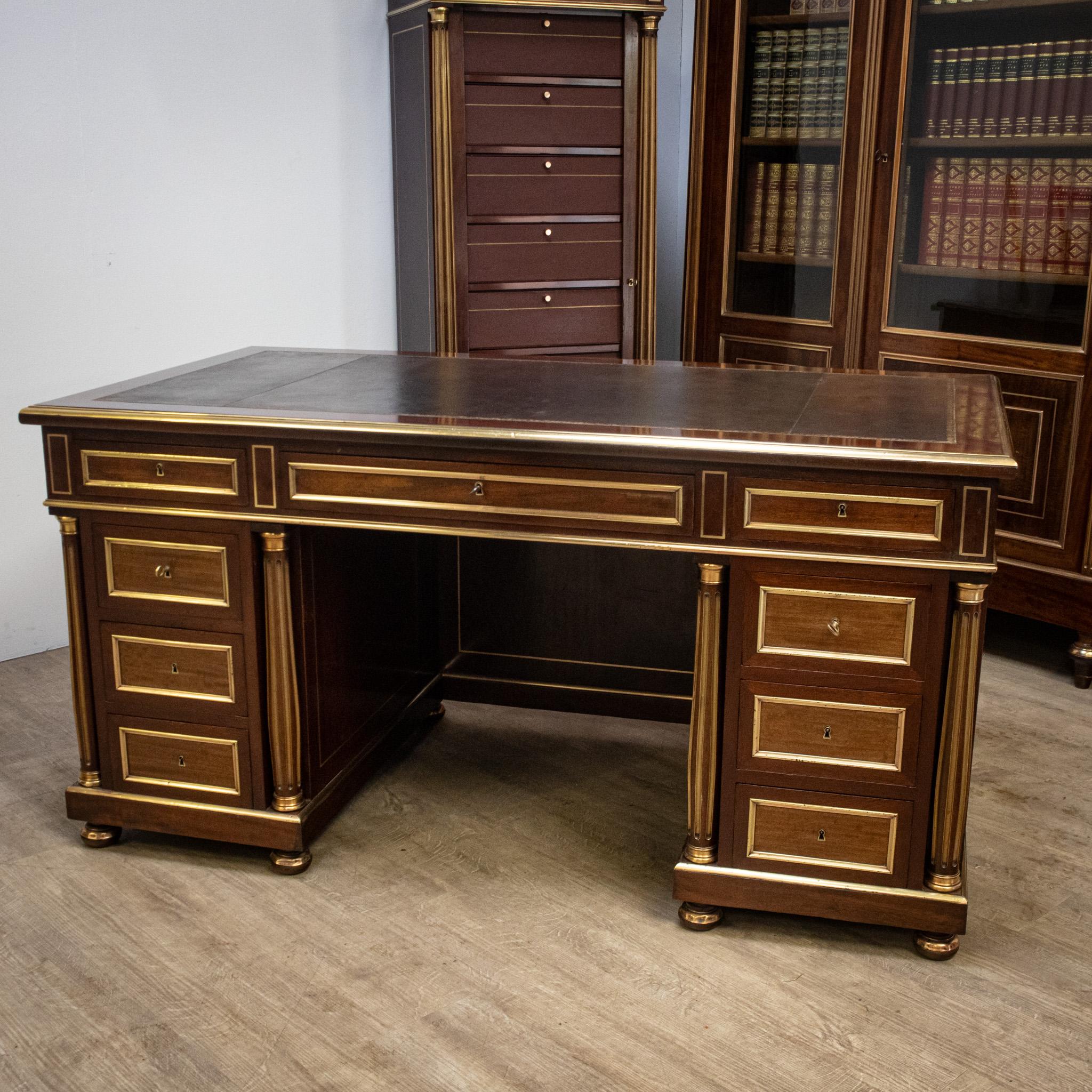 This beautiful quality mahogany and brass French Directoire style pedestal desk will make a lovely addition to any office, and we have a matching bookcase and box file cabinet listed separately, allowing an opulent office interior to be designed if