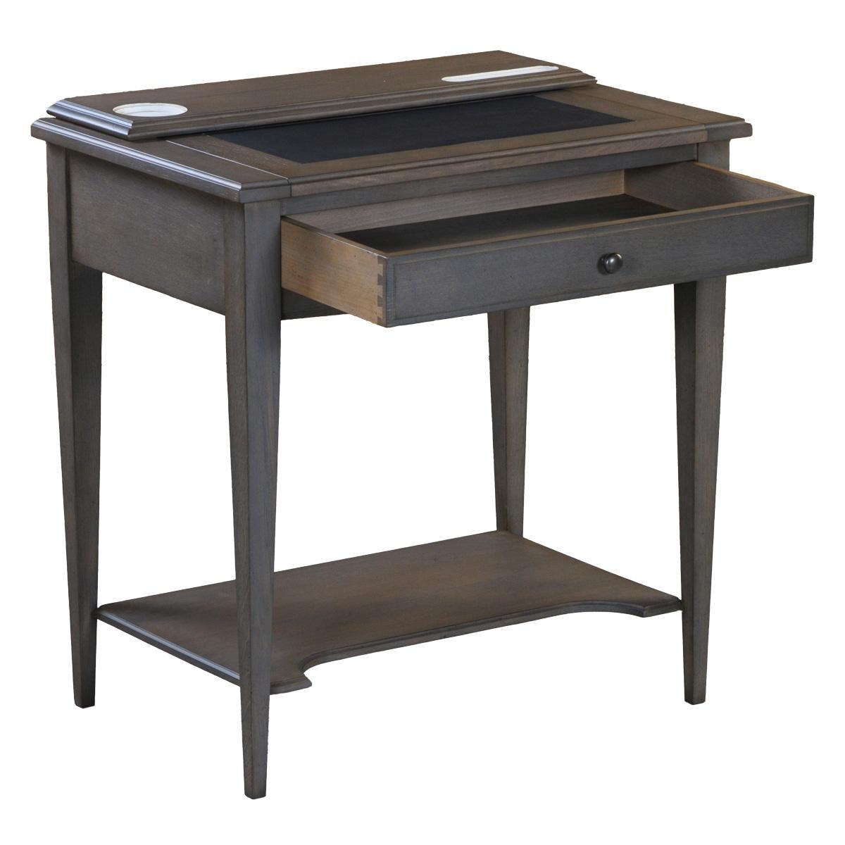 Schreibtisch im französischen Directoire-Stil aus Eiche mit Regal und Lederpad, grau gebeizt (Handgefertigt) im Angebot